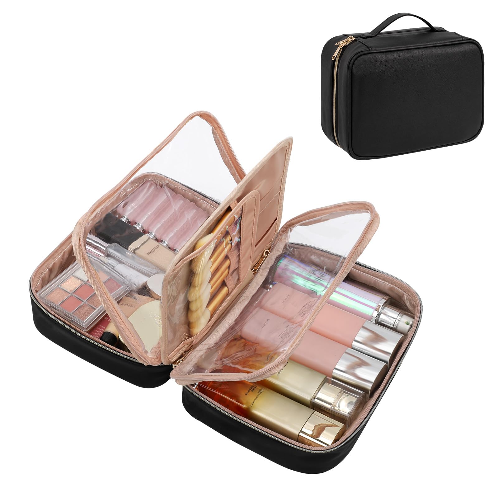 OCHEAL Large Makeup Travel Bag with Brush Compartment & Handle - Waterproof Cosmetic Organizer for Women | Perfect for Vacation, Gym & Daily Essentials Storage (Black)