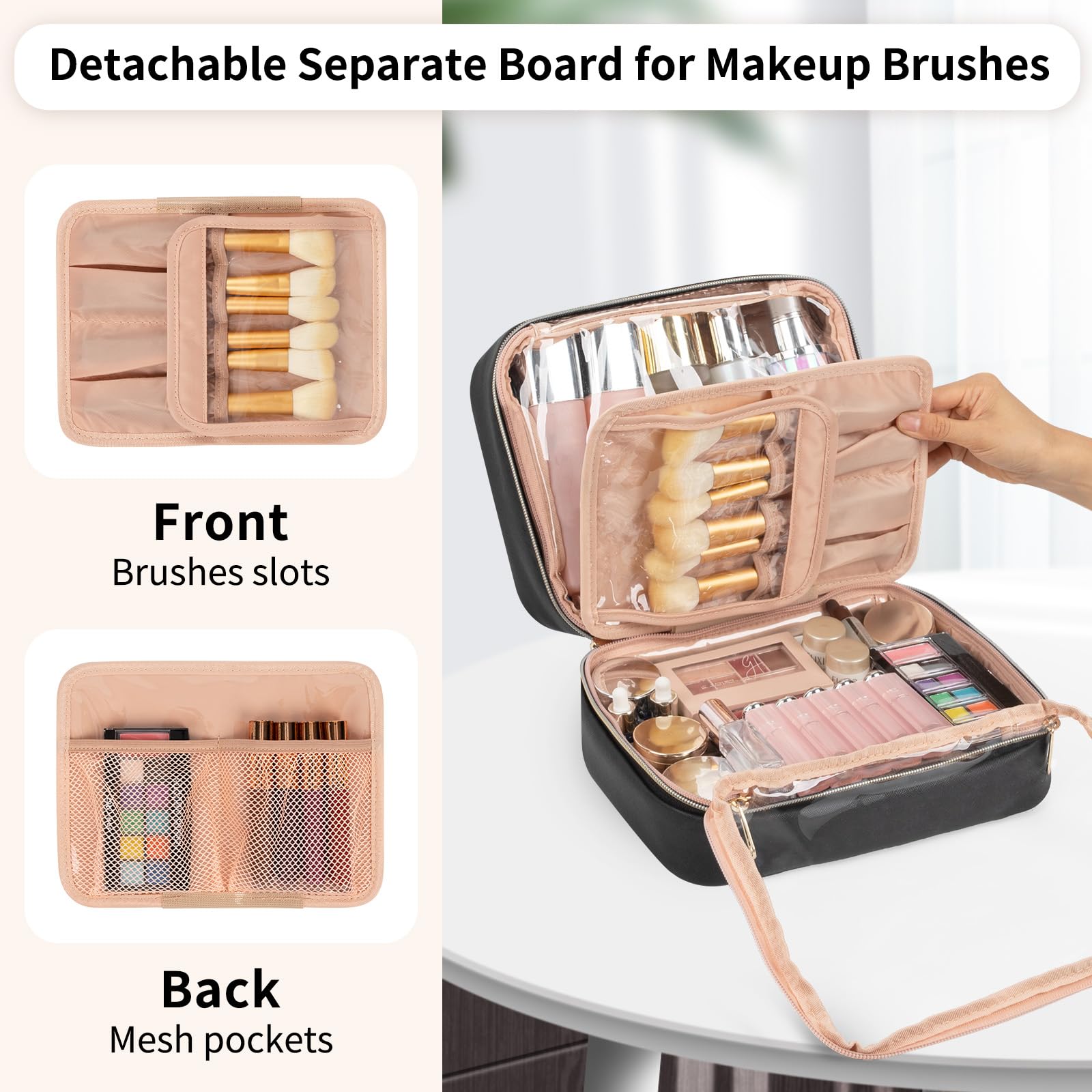 OCHEAL Waterproof Makeup Bag for Travel, Large Capacity Cosmetic Organizer with Brush Compartment - Black, Perfect for Women's Toiletry & Beauty Essentials