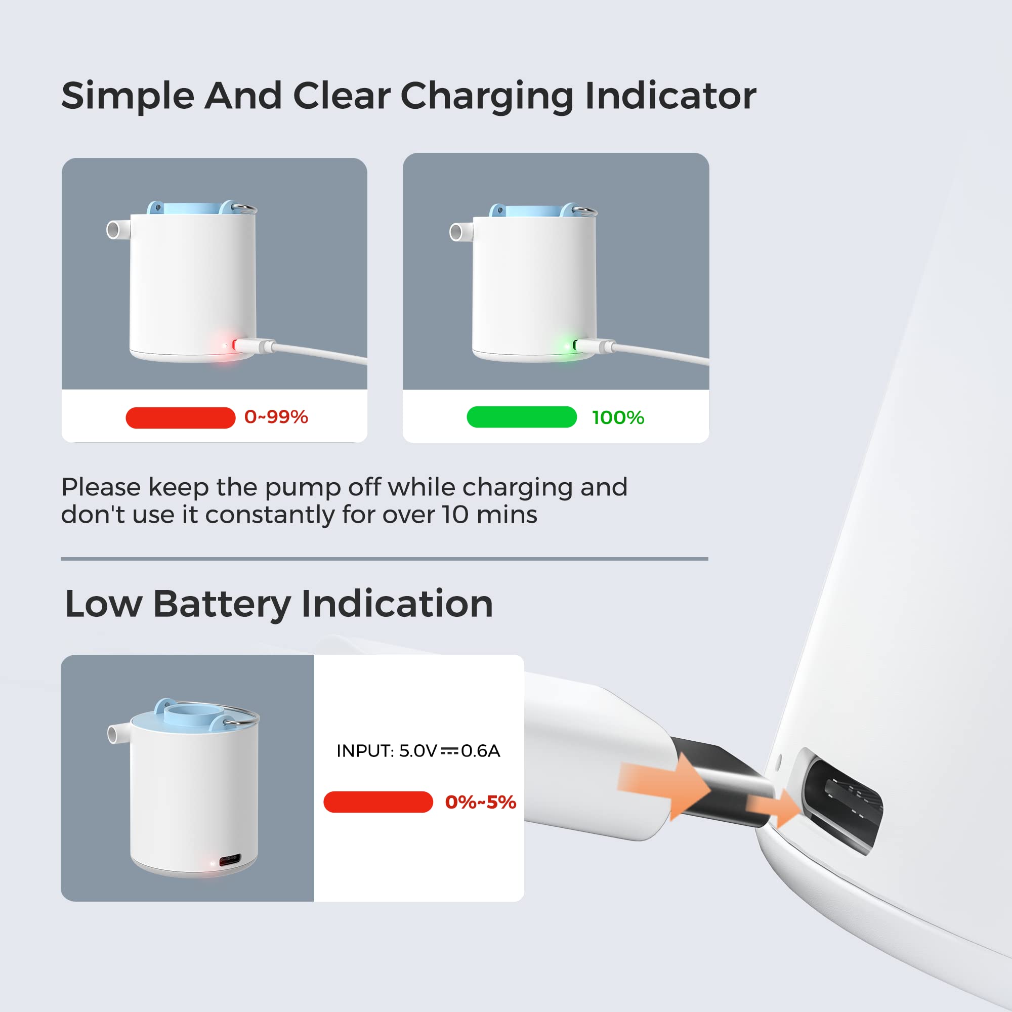FLEXTAILGEAR Tiny Pump X - Ultra-Portable USB Rechargeable Air Pump with 1300mAh Battery & Built-in Camping Light | Perfect for Inflating Sleeping Pads, Pool Floats, Air Beds, Mattresses, Swimming Rings | Ideal for Camping, Travel, Beach Trips & Outdoor Adventures (Grey - X)