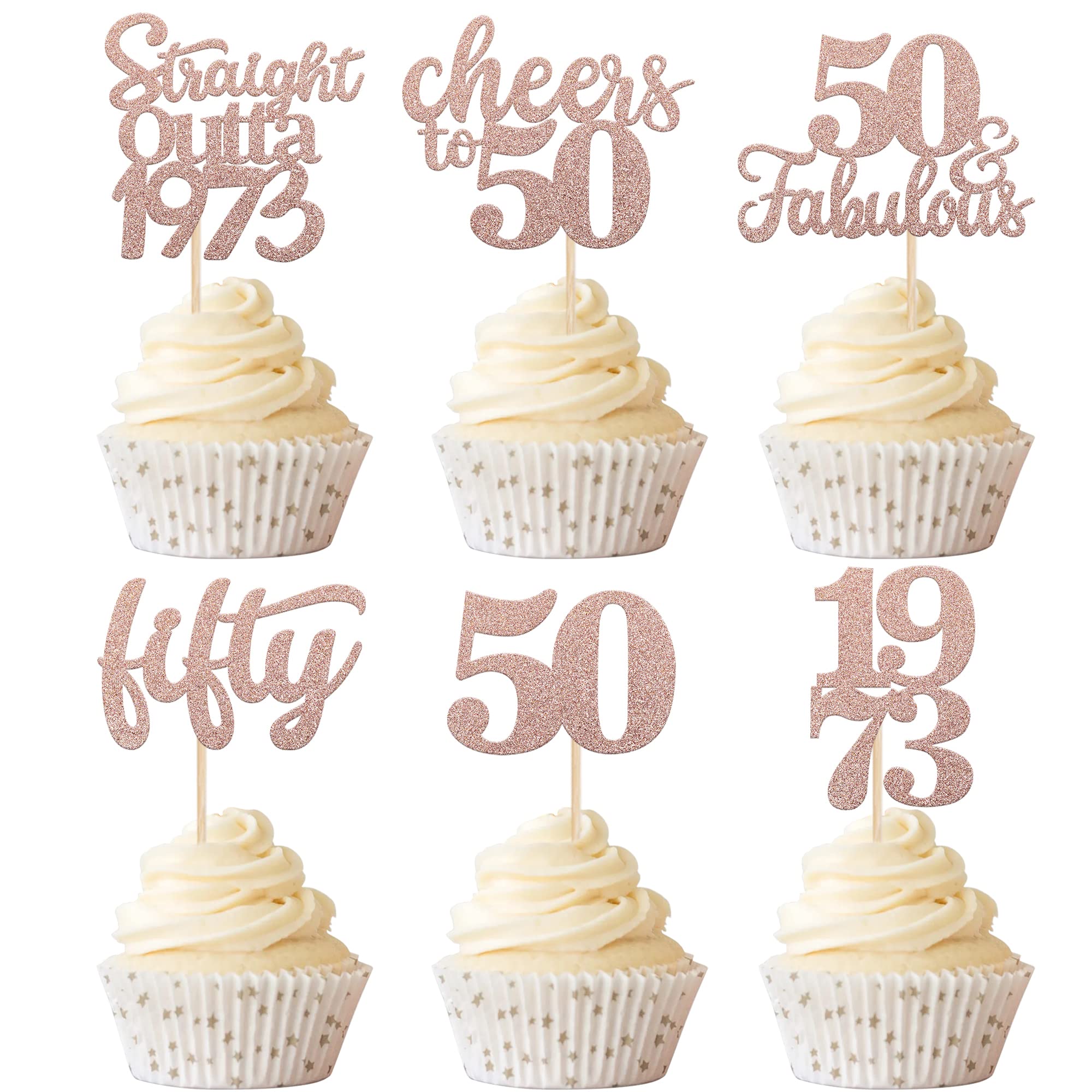Rsstarxi 36 Pack 50th Birthday Cupcake Toppers - Glitter Straight Outta 1973 & Forty Cheers to 50 Fabulous - Rose Gold Cake Decorations for 50th Birthday, Wedding & Anniversary Parties - Perfect for Milestone Celebrations & Dessert Table Displays