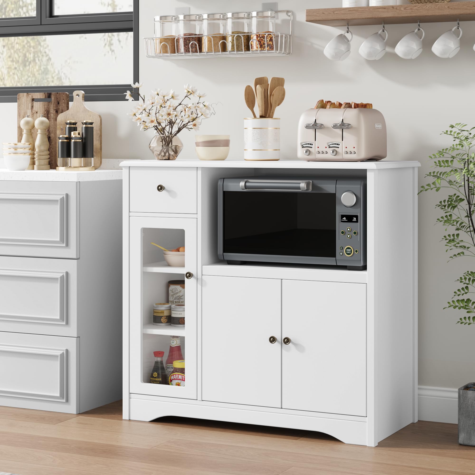 HORSTORS 3-Door Storage Cabinet with Adjustable Shelves & Drawer - White Kitchen Buffet Sideboard for Microwave, Dining Room & Home Organization