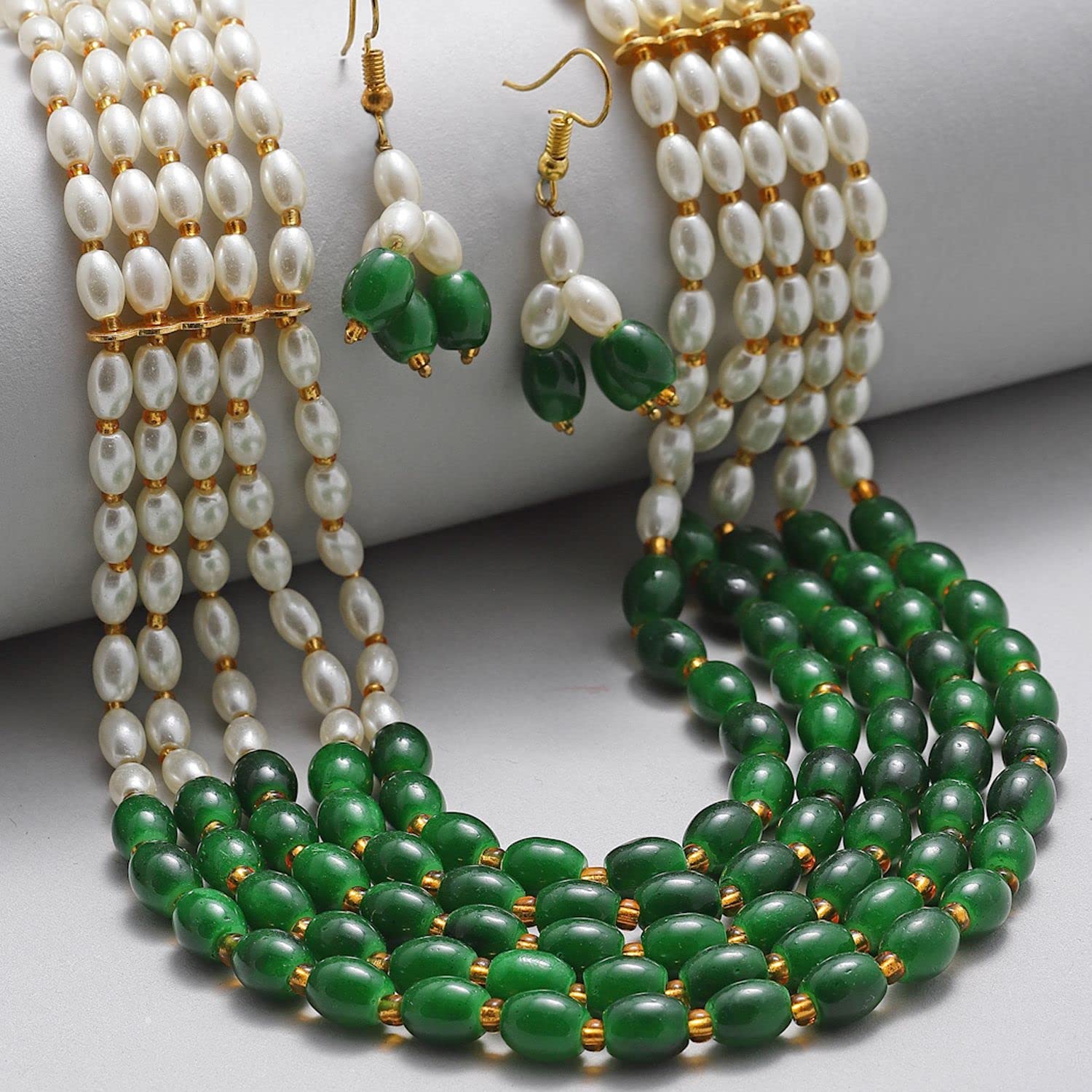 KENNICE Vintage Pearl Jewelry Set - 5-Layer Rajasthani Style Necklace with Earrings for Women & Girls | Bridal, Party & Boho Fashion Accessories