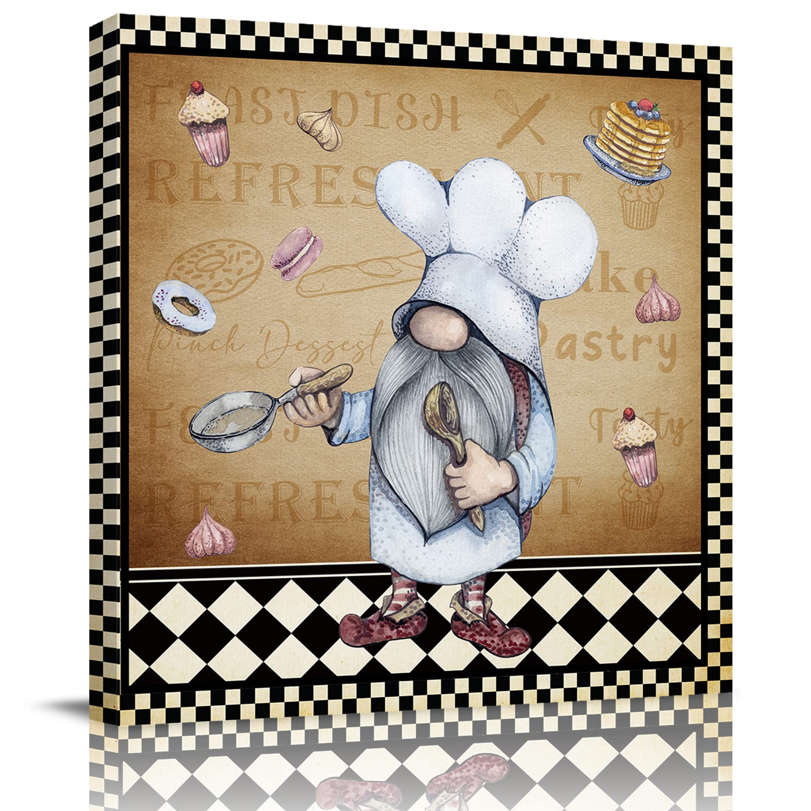 SSEVITEY Framed Canvas Wall Art - Kitchen Gnome Cooking Retro Black Lattice Oil Painting Print for Home Decor | Perfect for Living Room, Bedroom & Kitchen | Ideal Gift for Food Lovers & Baking Enthusiasts