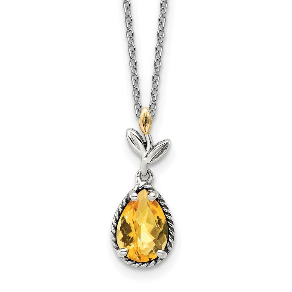 1.45 Carat Pear-Shaped Citrine Sterling Silver & 14K Gold Accent Leaf Pendant Necklace for Women | Elegant Fine Jewelry Gift for Birthday, Anniversary & Special Occasions