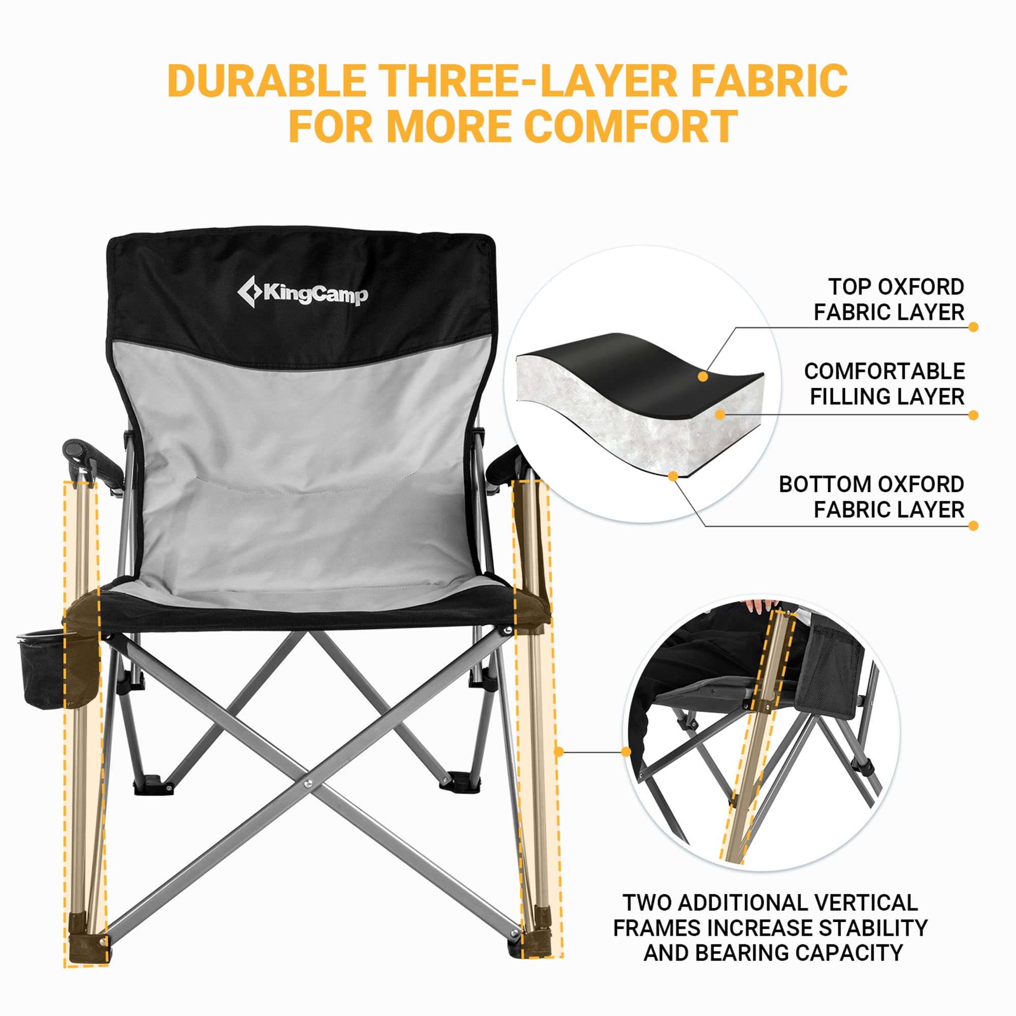 KingCamp Oversized Folding Camping Chair for Adults - Heavy Duty 300 lbs Capacity, Adjustable Backrest, Armrests & Cup Holder - Perfect for Outdoor Camping, Picnics, Travel, Beach, BBQ, Backyard & Tailgating