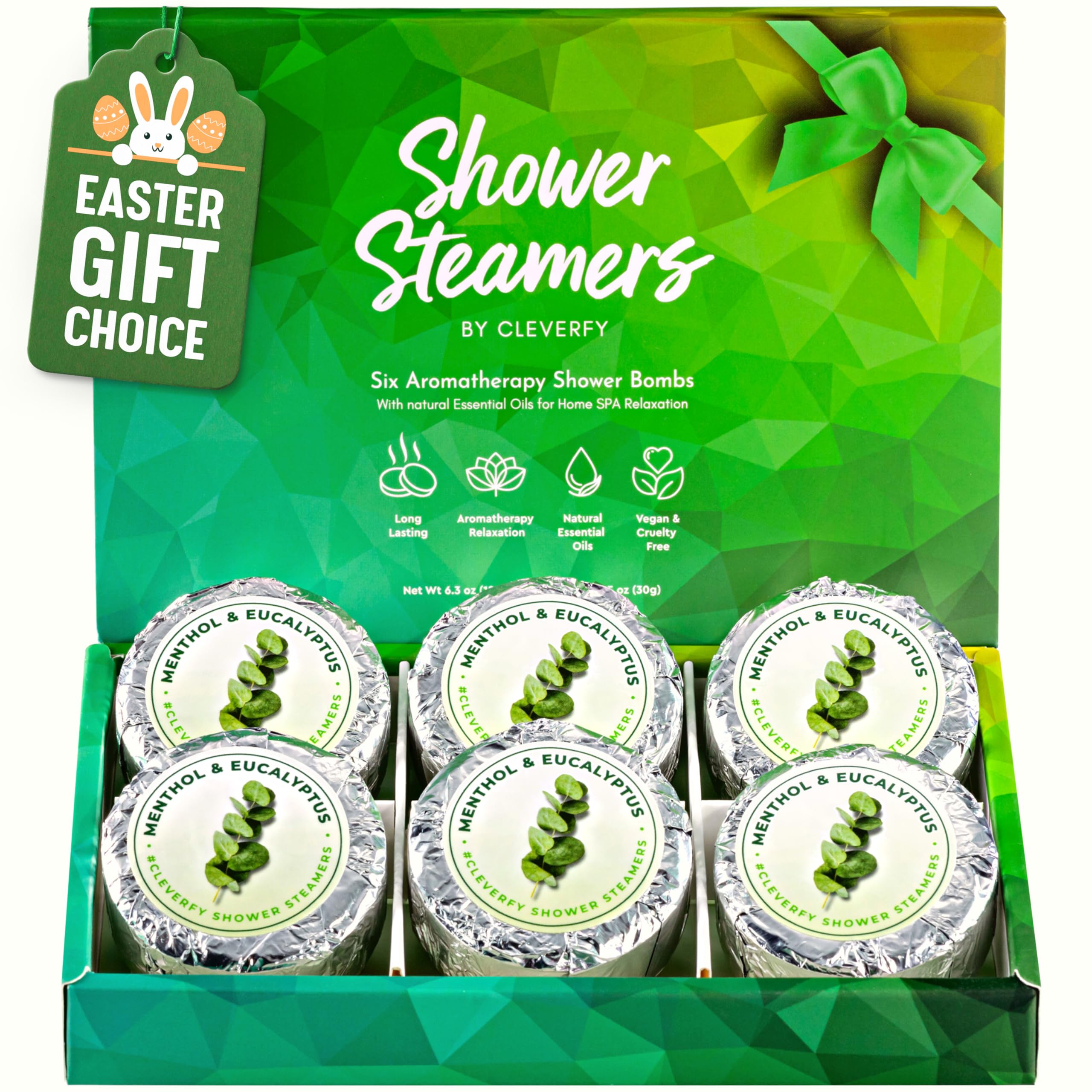 Cleverfy Aromatherapy Shower Steamers - 6-Pack Menthol & Eucalyptus Shower Bombs for Relaxation, Stress Relief & Congestion - Perfect for Spa-Like Showers at Home