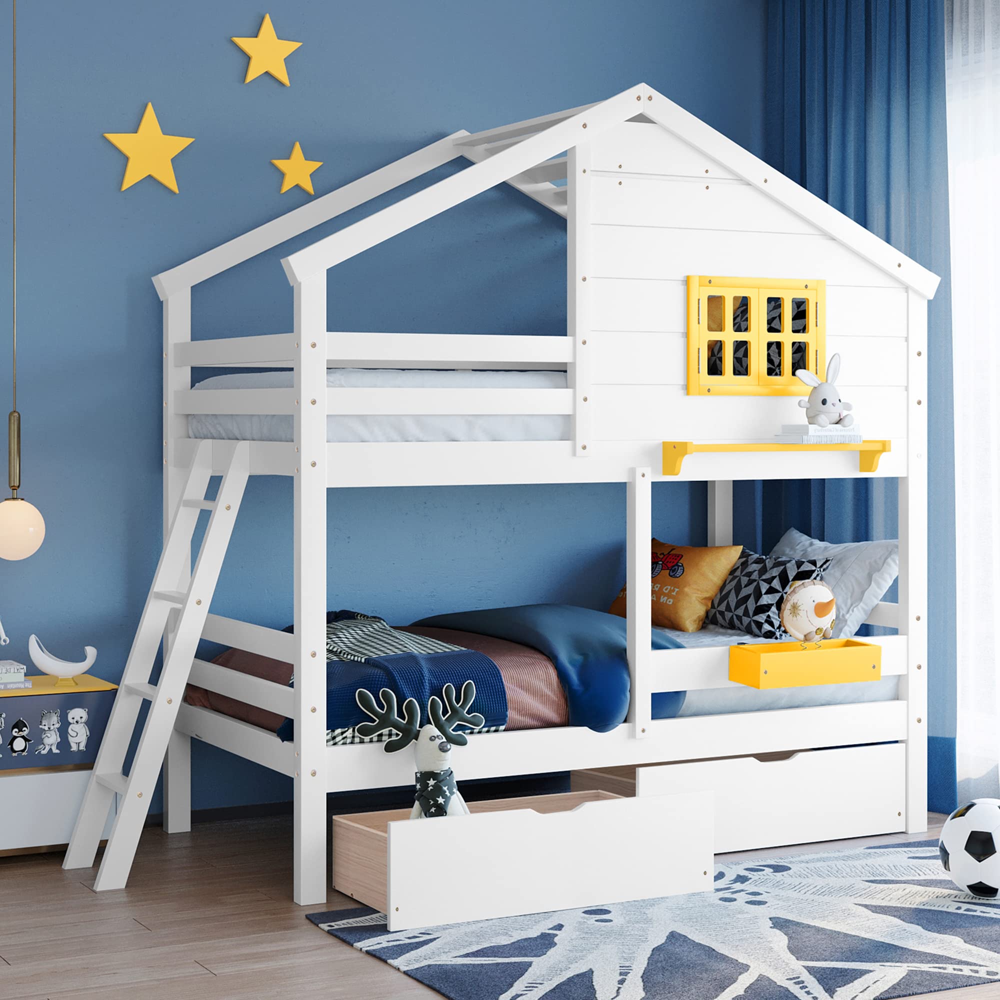 P PURLOVE Twin Over Twin Wooden Bunk Bed with Side Ladder & 2 Drawers - House-Shaped Design with Roof, Window, Storage Box, Shelf & Guardrail - Perfect for Kids & Teens Bedroom, Dorm Room or Guest Room (White)