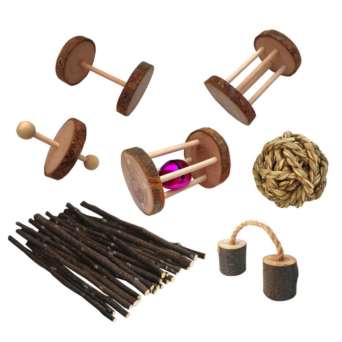 7 Pack Natural Wooden Hamster Chew Toys for Guinea Pigs, Chinchillas, Rats - Small Animal Teeth Care & Exercise Accessories - Perfect for Rabbits, Gerbils, Birds & Small Pets - Cage Enrichment & Dental Health Toys