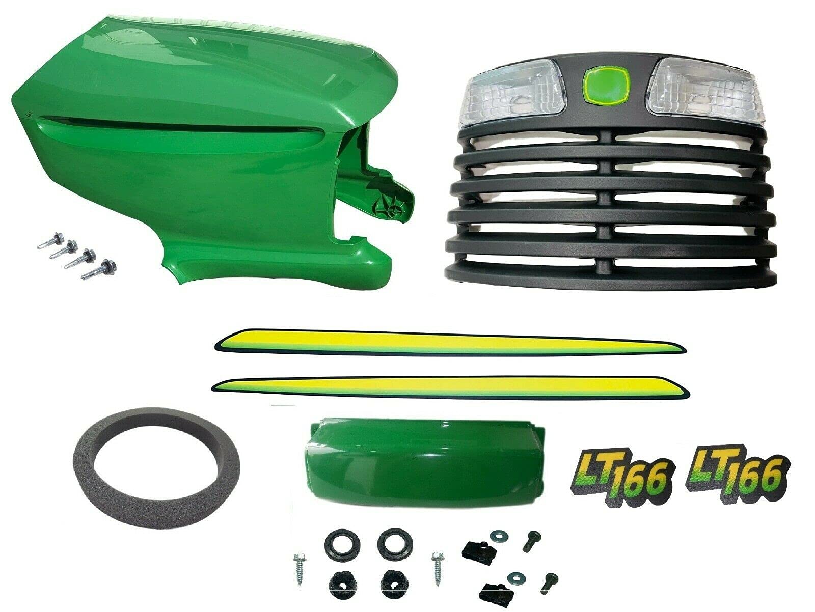John Deere LT166 Compatible Upper/Lower Hood, Grille, Bumper, Foam Isolator & LH/RH Stickers - Replacement Parts for Lawn Tractor Repair & Maintenance | Perfect for DIY Fixes & Restoration Projects