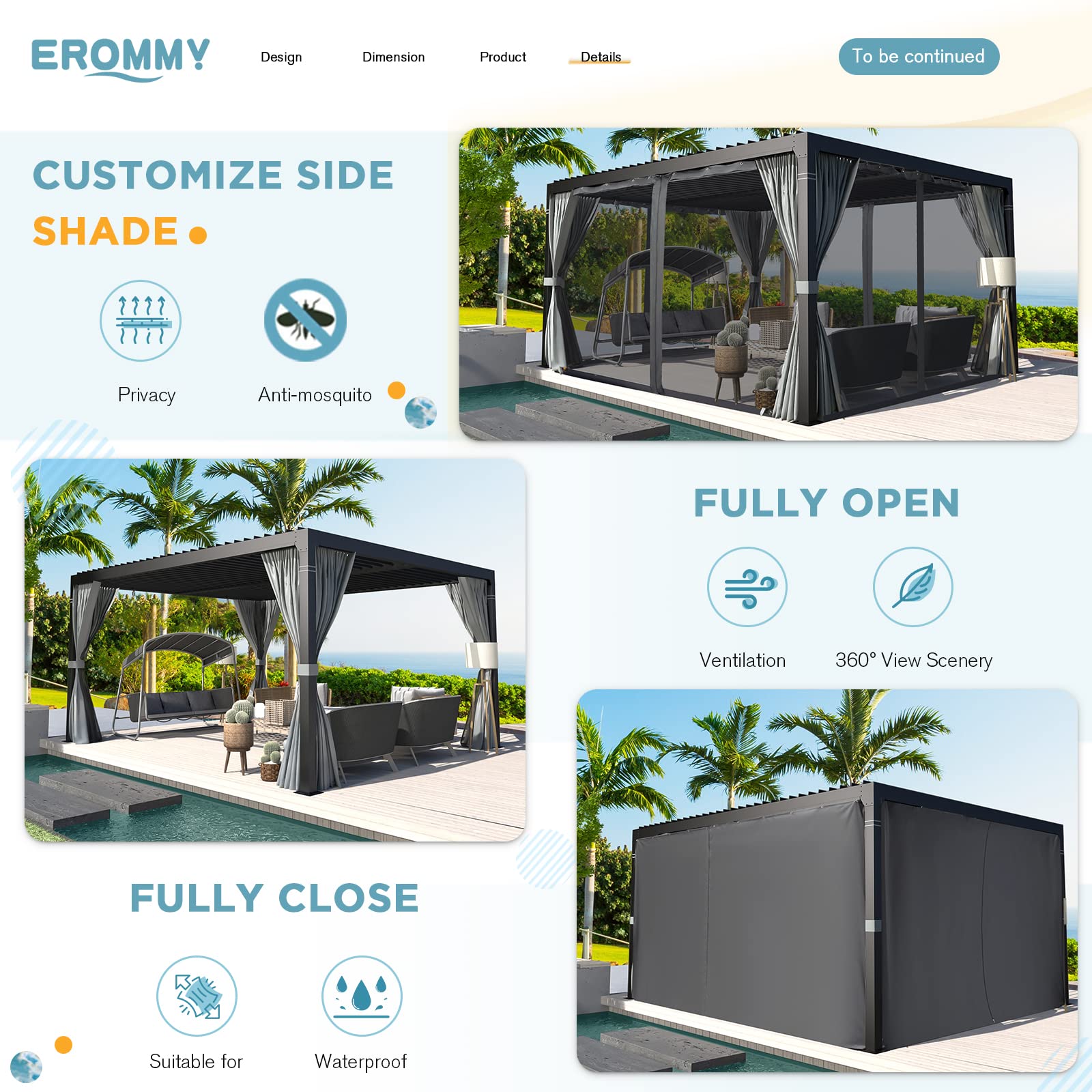 EROMMY 10x12FT Aluminum Louvered Pergola with Adjustable Rainproof Roof - Outdoor Sun Shade Shelter for Garden, Patio & Backyard (Includes Curtains & Netting) - Perfect for Entertaining, Relaxing & Outdoor Dining - Gray-Black
