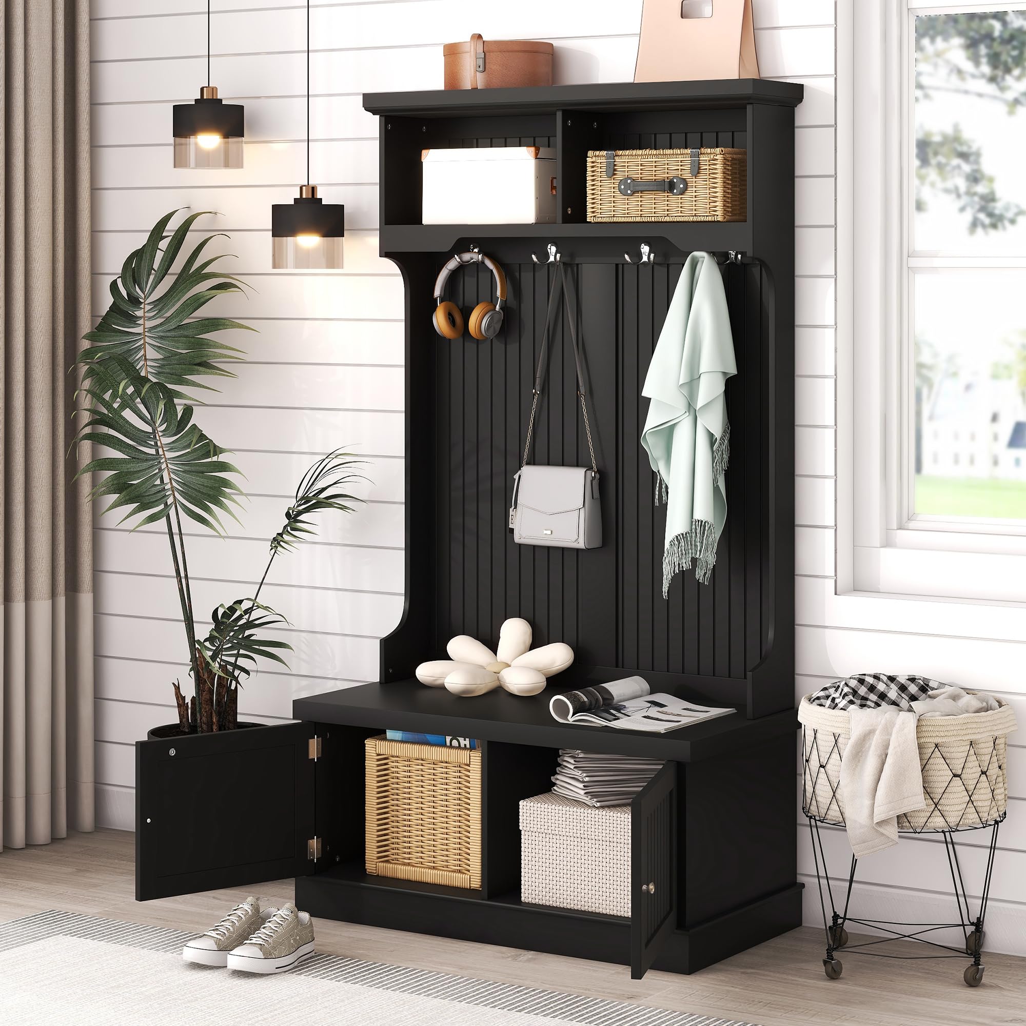 Lakifun Wooden Hall Tree with Storage Bench & Coat Rack - Entryway Organizer with Metal Hooks for Hallway, Living Room & Bedroom - Black | Perfect for Small Spaces, Home Entry Storage & Clutter Control