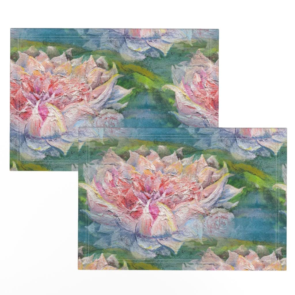 Premium Linen Cotton Canvas Placemats Set of 2 - Lotus Blossom Pond Watercolor Print Table Mats for Dining, Kitchen Decor & Party Settings