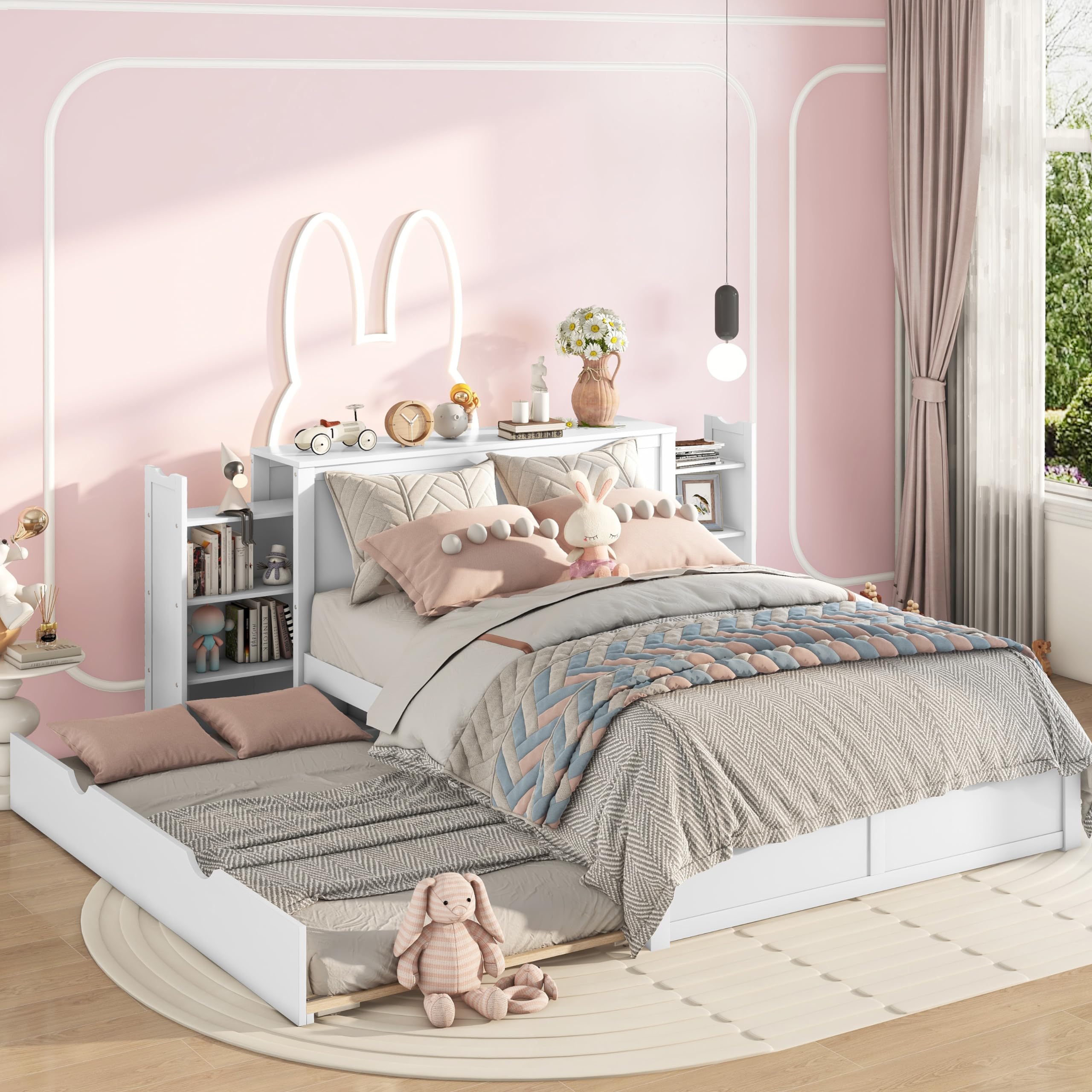 Queen Size Storage Bed with Trundle - Wooden Platform Bed Frame with Storage Shelves Headboard & Twin Trundle - White Wooden Queen Bed for Kids, Boys, Girls, Teens - Perfect for Small Bedrooms, Guest Rooms & Space-Saving Solutions