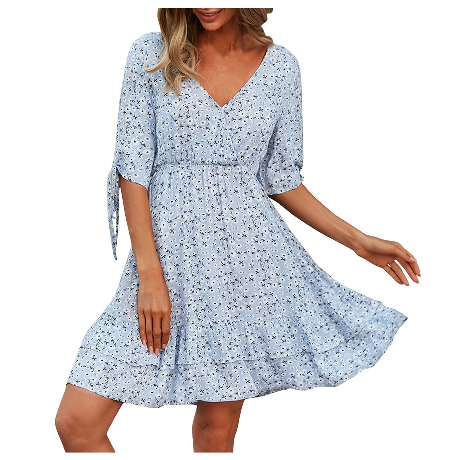 Boho Floral Print Women's Short Sleeve V-Neck Sun Dress - Elastic Waist Summer Skirt for Plus Size Ladies | Perfect for Beach Vacations, Date Nights & Outdoor Parties