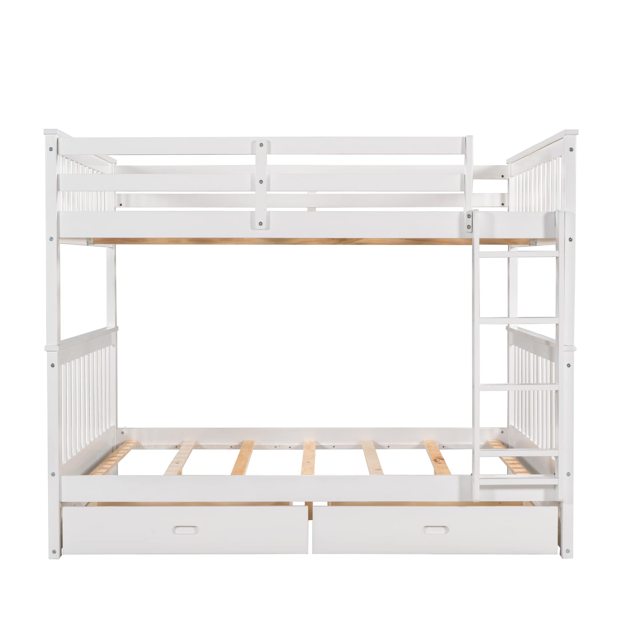 P PURLOVE Full Over Full Bunk Bed with 2 Storage Drawers - Convertible Wood Bunk Bed Frame with Ladders - Splits into 2 Twin Beds for Teens, Kids, Boys & Girls - No Box Spring Needed (White) - Perfect for Small Bedrooms, Dorms & Shared Kids' Rooms