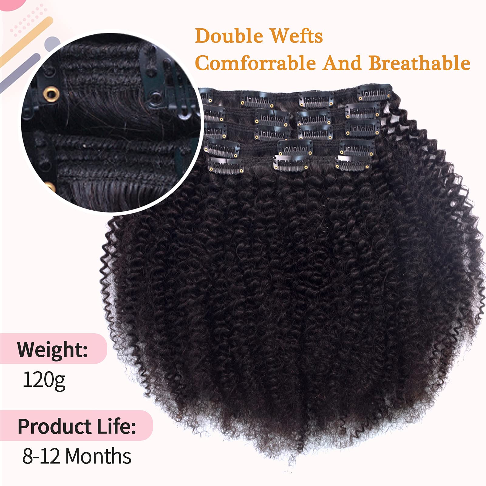 4A 4B Kinky Coily Human Hair Clip-in Extensions for Black Women | 9A Brazilian Remy Human Hair | Double Lace Wefts Natural Black | 120g 16 Inch | Perfect for Protective Styles, Weddings & Everyday Glam