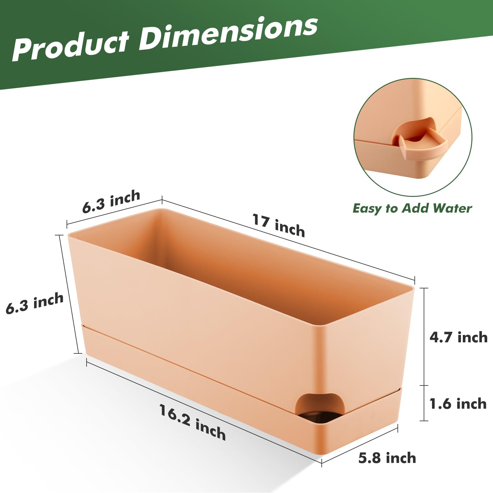2 Pack Self Watering Planters - 17 Inch Large Rectangular Flower Pots with Drainage Holes & Saucers for Indoor Plants, Herbs, Succulents - Perfect Windowsill Planter Box for Kitchen, Balcony, Office (Orange)