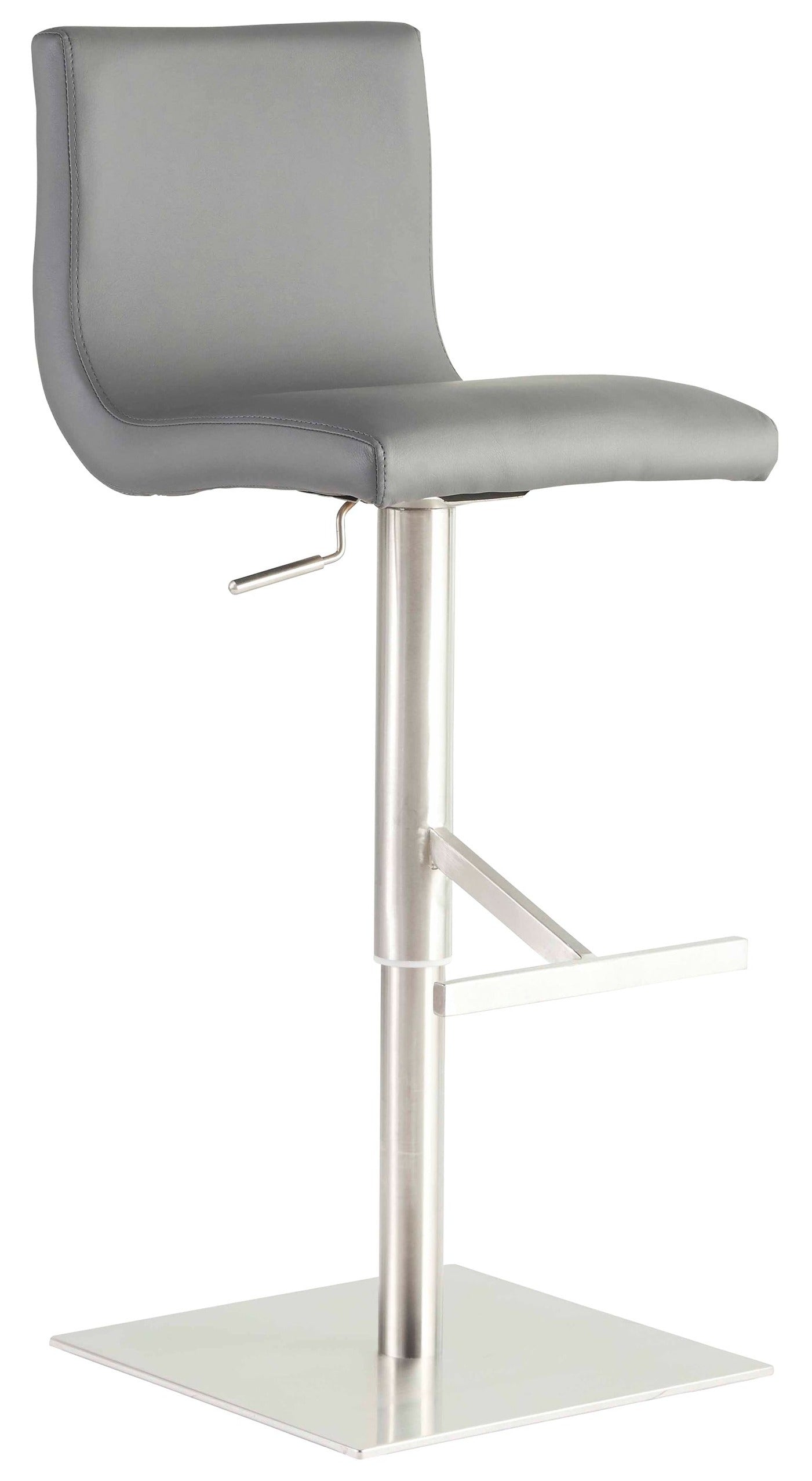 Scott Adjustable Bar Stool - Gray Leather Seat with Brushed Stainless Steel Base - Perfect for Kitchen Islands, Home Bars & Modern Dining Areas