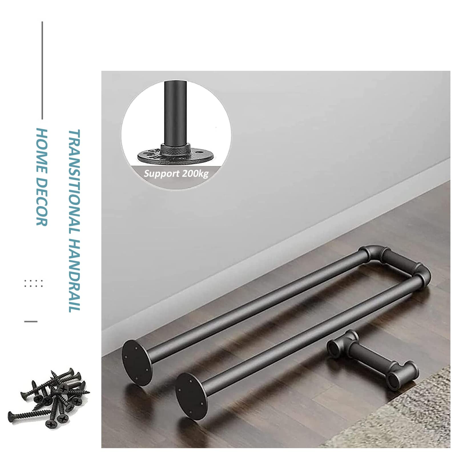 Outdoor Wrought Iron Stair Railing Handrail - Matte Black 3.3 FT for Deck Steps, Porch & Garden Stairs | Durable Metal Handrail for 1 Step | Weather-Resistant Exterior Stair Railing for Home Safety