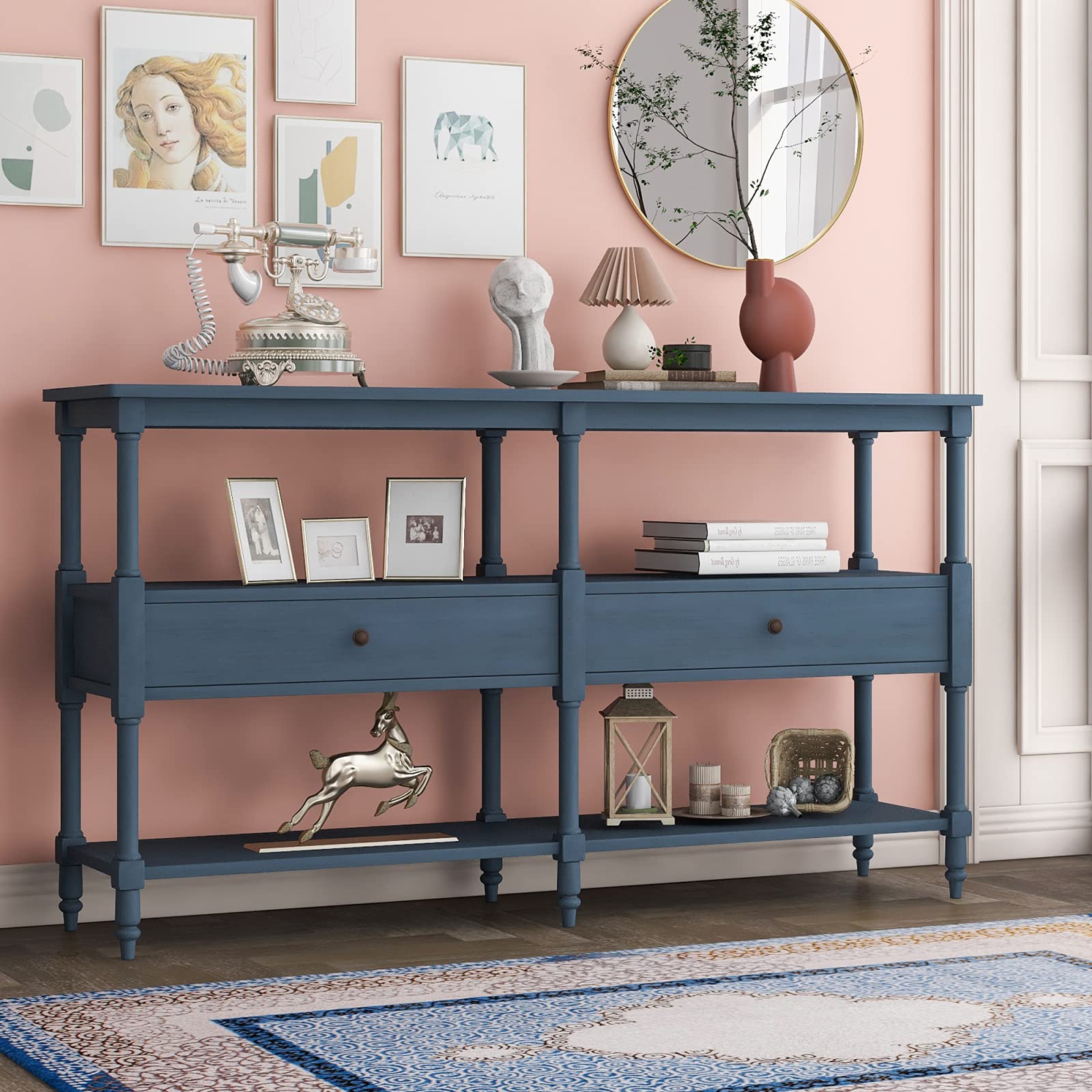 Rustic Console Table Sofa Table with 3-Tier Open Storage Shelf & 2 Drawers - Navy Blue Entryway Table for Living Room, Hallway, Dining Room | Perfect for Home Decor, Storage & Displaying Decor Items
