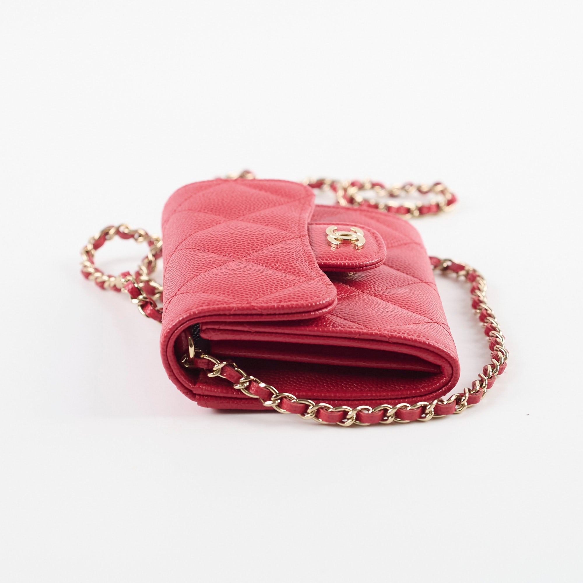 Chanel Caviar Leather Quilted Flap Card Holder with Chain - Red Series 31 | Luxury Wristlet Wallet for Women | Perfect for Parties, Date Nights & Everyday Use