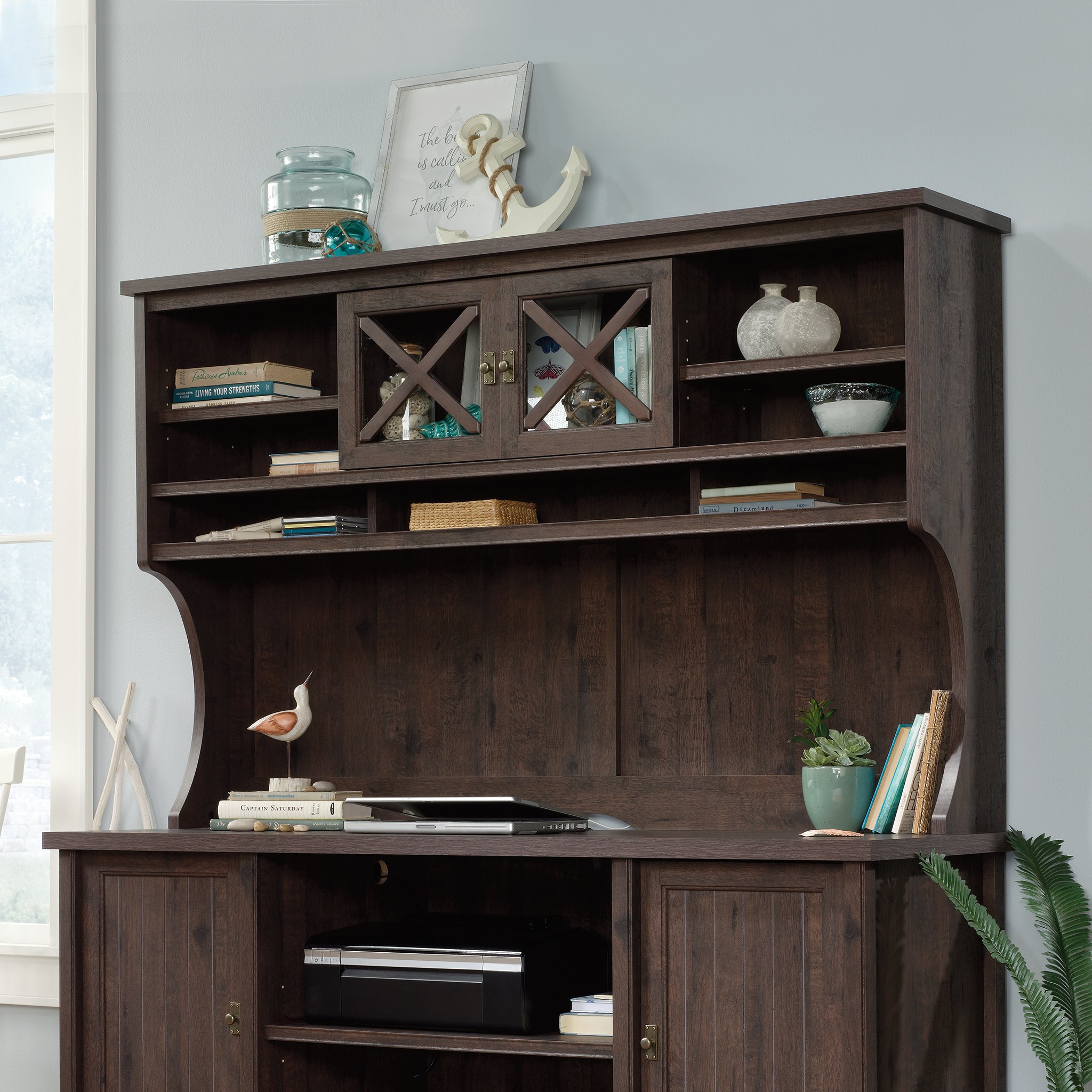 Sauder Costa Large Hutch with Coffee Oak Finish - Stylish Storage Cabinet for Home Office, Living Room & Bedroom Organization