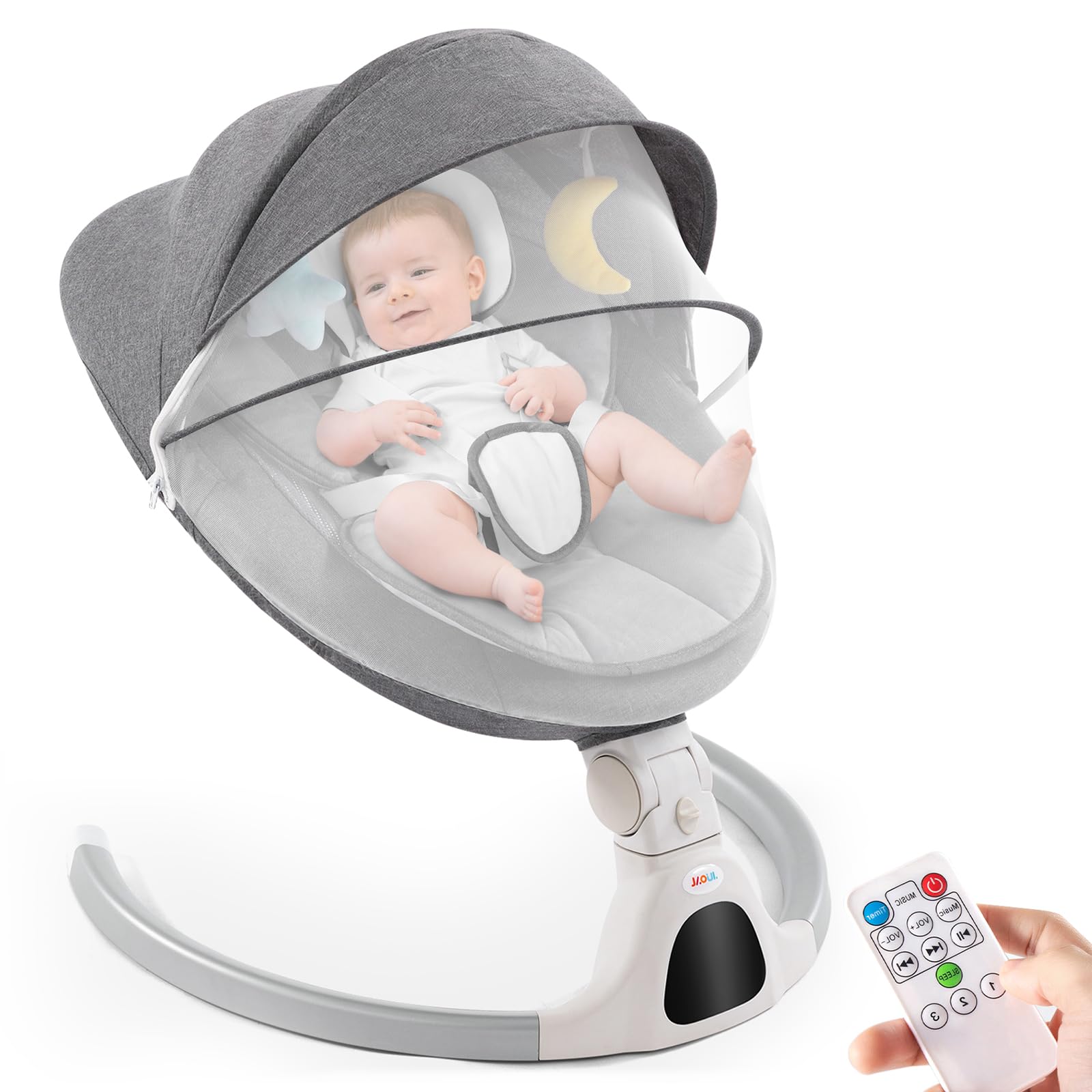 Jaoul Baby Swing for Infants - Electric Portable Newborn Bouncer with Bluetooth, Touch Screen & Remote Control, 5 Speed Settings, 3 Reclining Positions - Perfect for Nursery, Daycare or Travel (Gray)