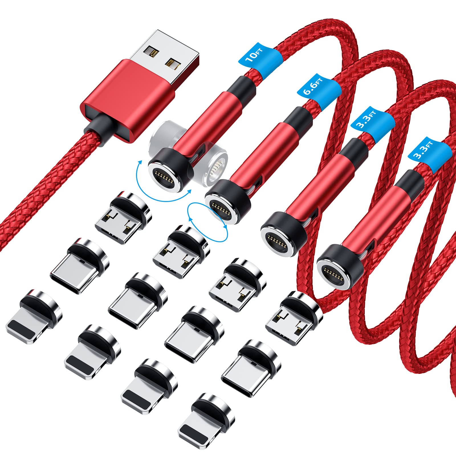 Ankndo 540° Rotating Magnetic Charging Cable 3-in-1 Fast Charger [4-Pack 3ft/6ft/10ft] 3A Quick Charge & Data Sync for iPhone 15/14/13, Samsung, Android - Red | Perfect for Home, Office & Travel Charging