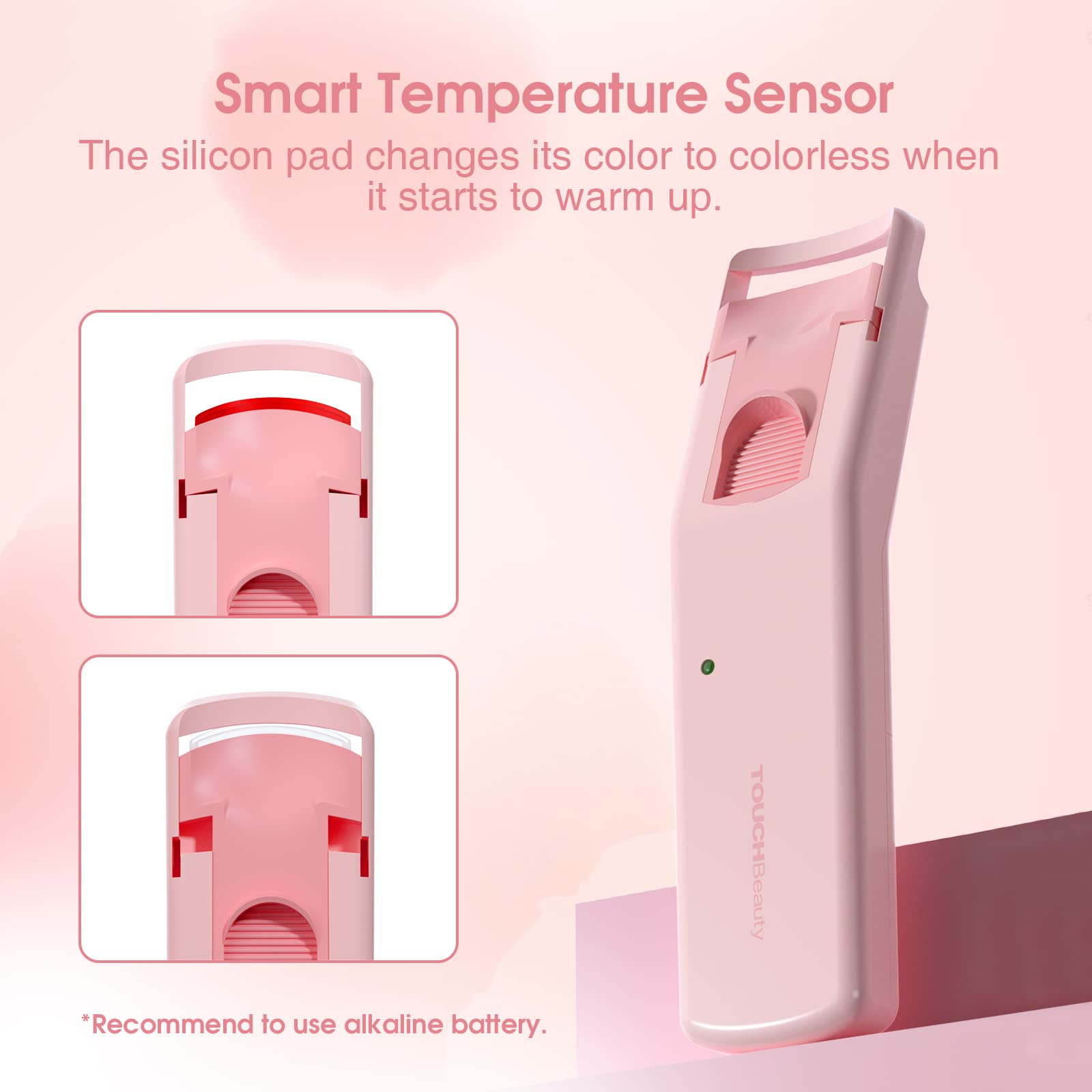 TOUCHBeauty Heated Eyelash Curler with Silicone Pads - Electric Lash Curler for Women, Constant Temperature Control, Quick & Natural Curling (Pink) - Perfect for Home Use, Travel & Professional Makeup