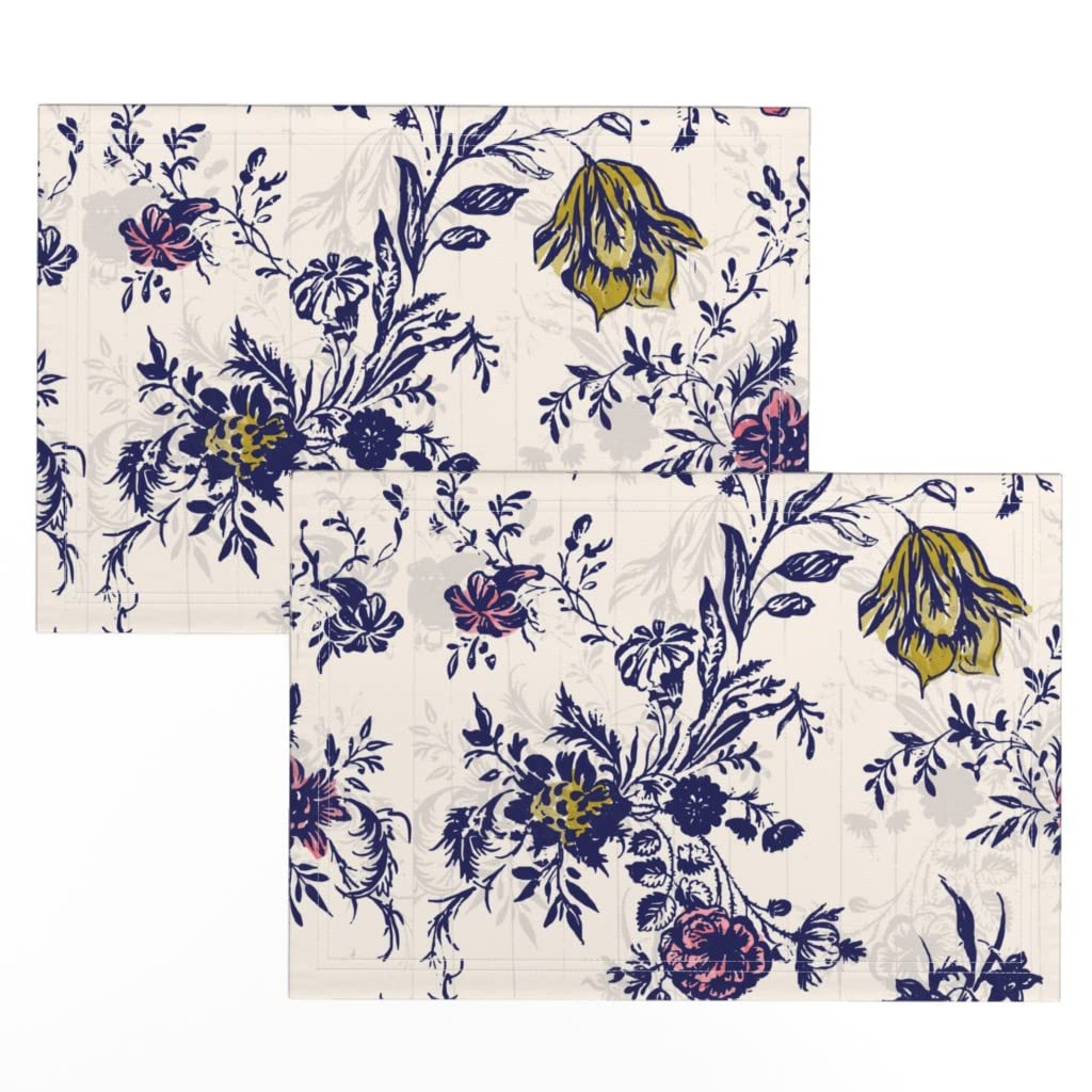 Vintage Stripe Floral Watercolor Placemats Set of 2 - Linen Cotton Canvas Table Mats for Dining, Kitchen & Spring Garden Party Decor - English Garden Print Cloth Place Settings
