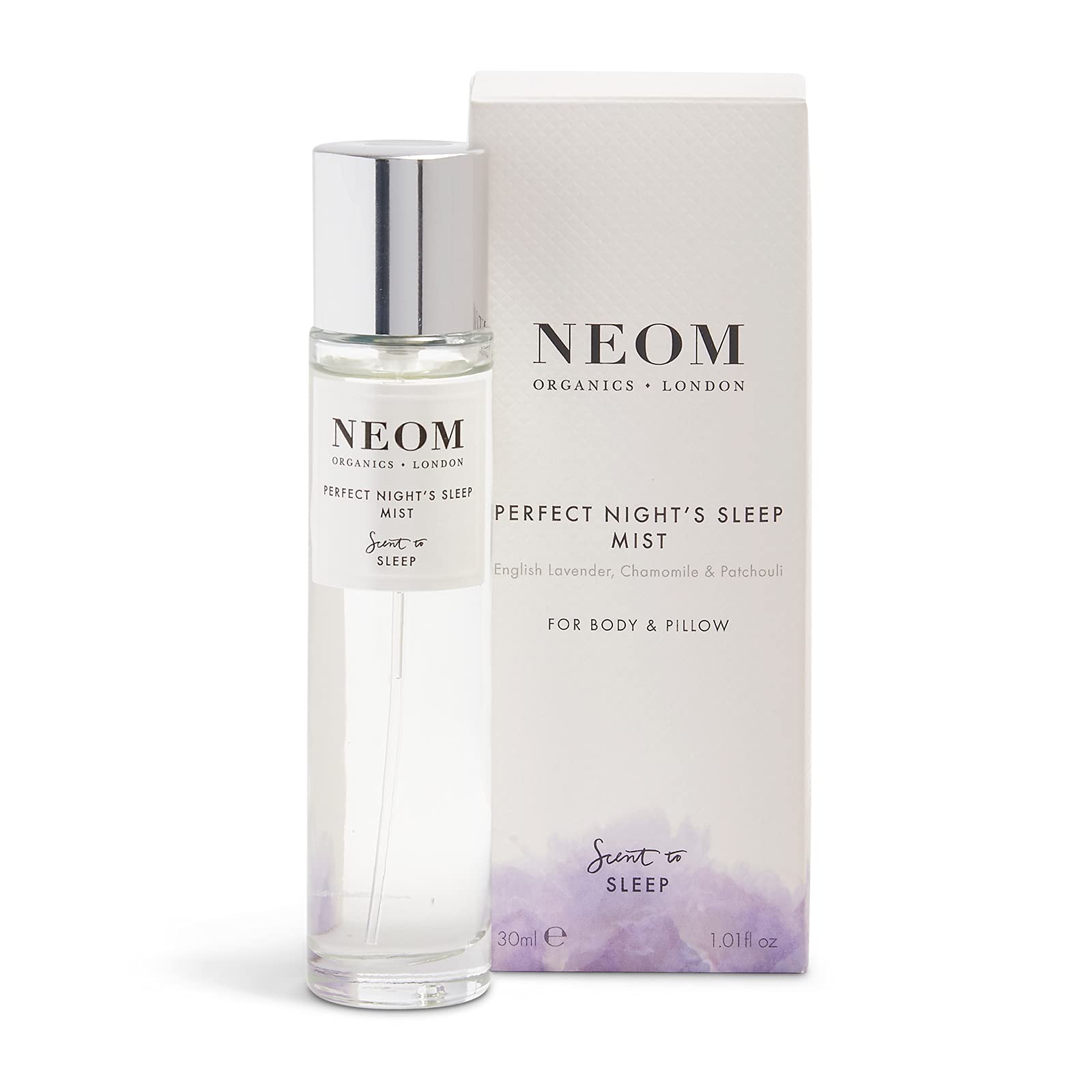 NEOM Lavender & Chamomile Pillow and Body Mist - 1 Fl Oz Essential Oil Spray for Relaxation & Better Sleep | Aromatherapy for Bedtime, Stress Relief & Home Spa | Perfect for Nighttime Routine, Travel & Self-Care