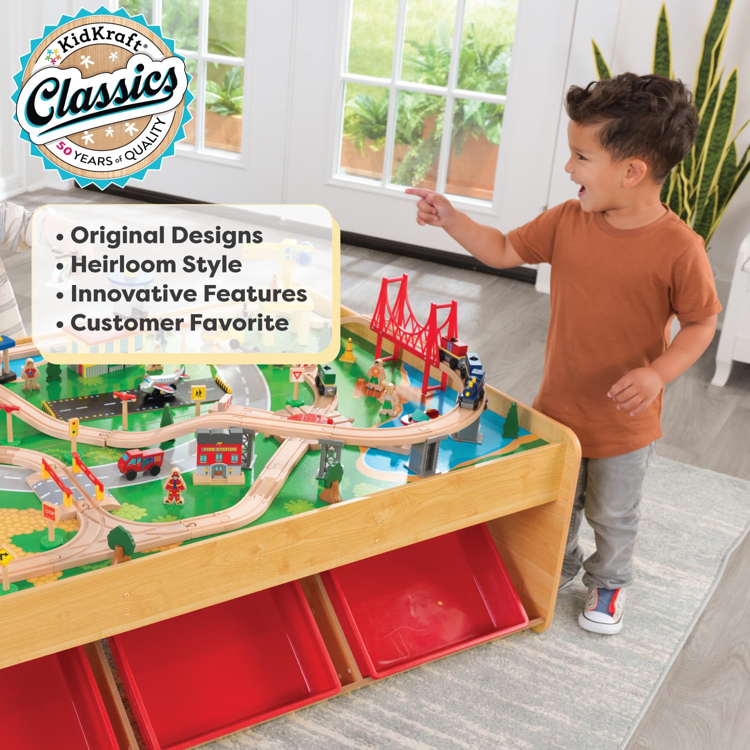 KidKraft 17850 Waterfall Mountain Wooden Train Set & Table - 120 Piece Toy Train Track with Storage Bins | Perfect for Kids Playroom, Preschool Learning & Creative Playtime