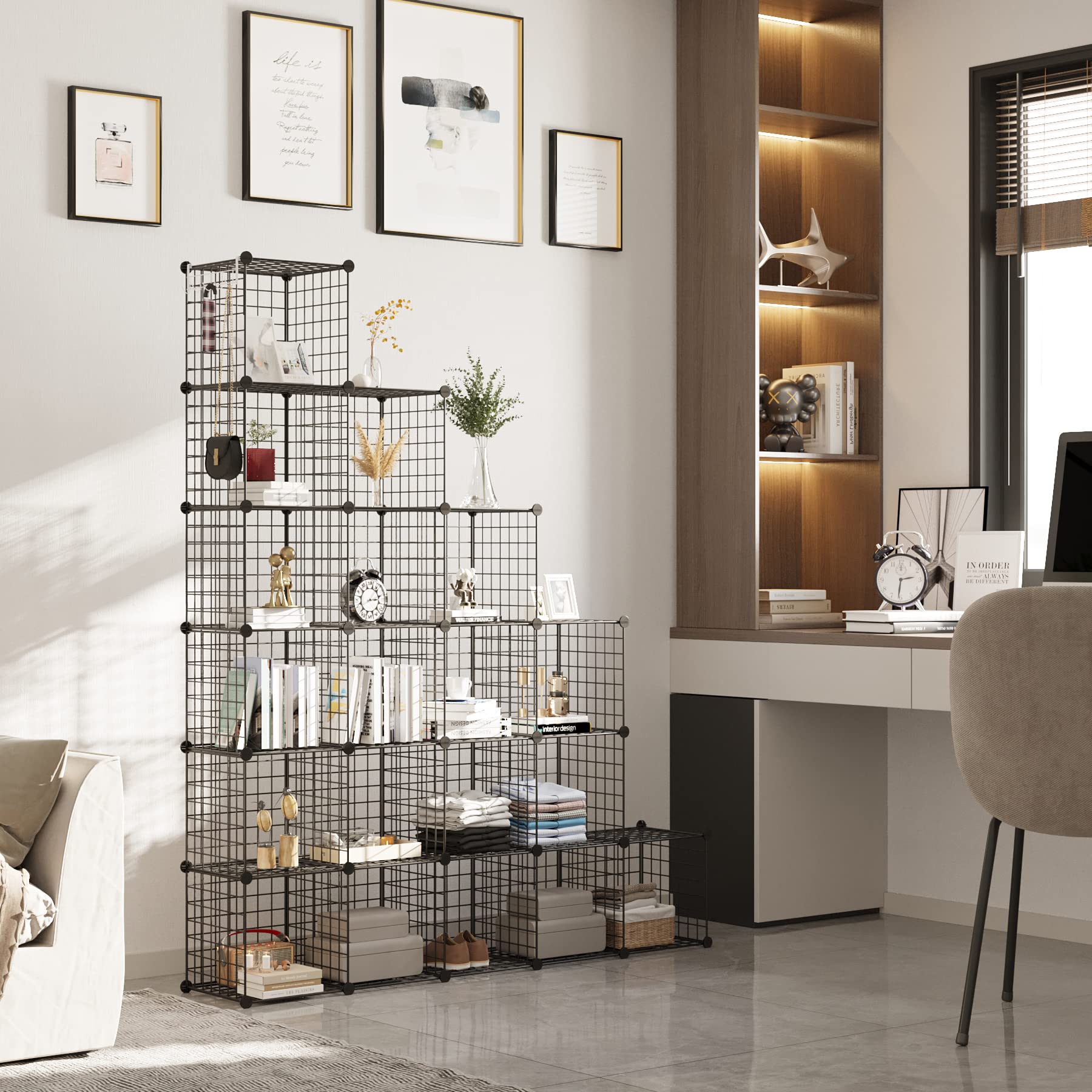 C&AHOME 20-Cube Wire Storage Organizer - Black Metal Grid Shelving Unit, 48.4