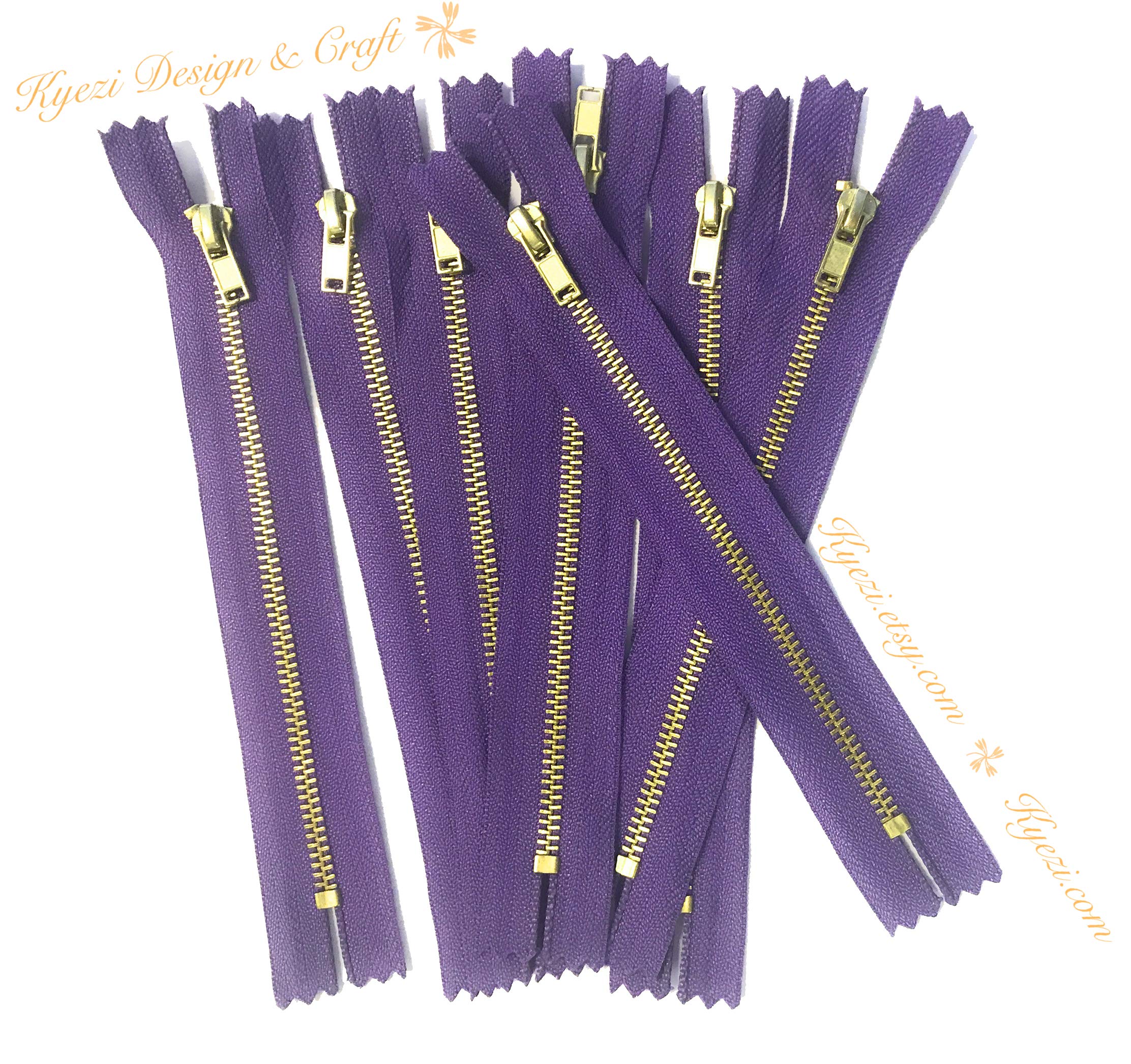 10-Pack Brass Gold Metal Teeth Zippers - Kyezi Design & Craft for DIY Projects (5 Inch, Purple) - Perfect for Handbags, Jackets & Fashion Accessories