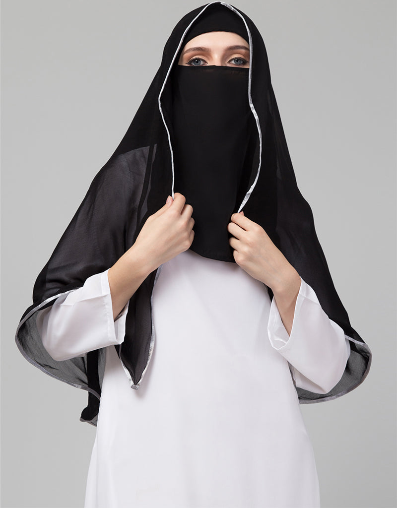 Black & Grey Polyester Georgette Hijab Scarf - Lightweight & Breathable Head Cover for Women - Perfect for Daily Wear, Prayer, and Modest Fashion