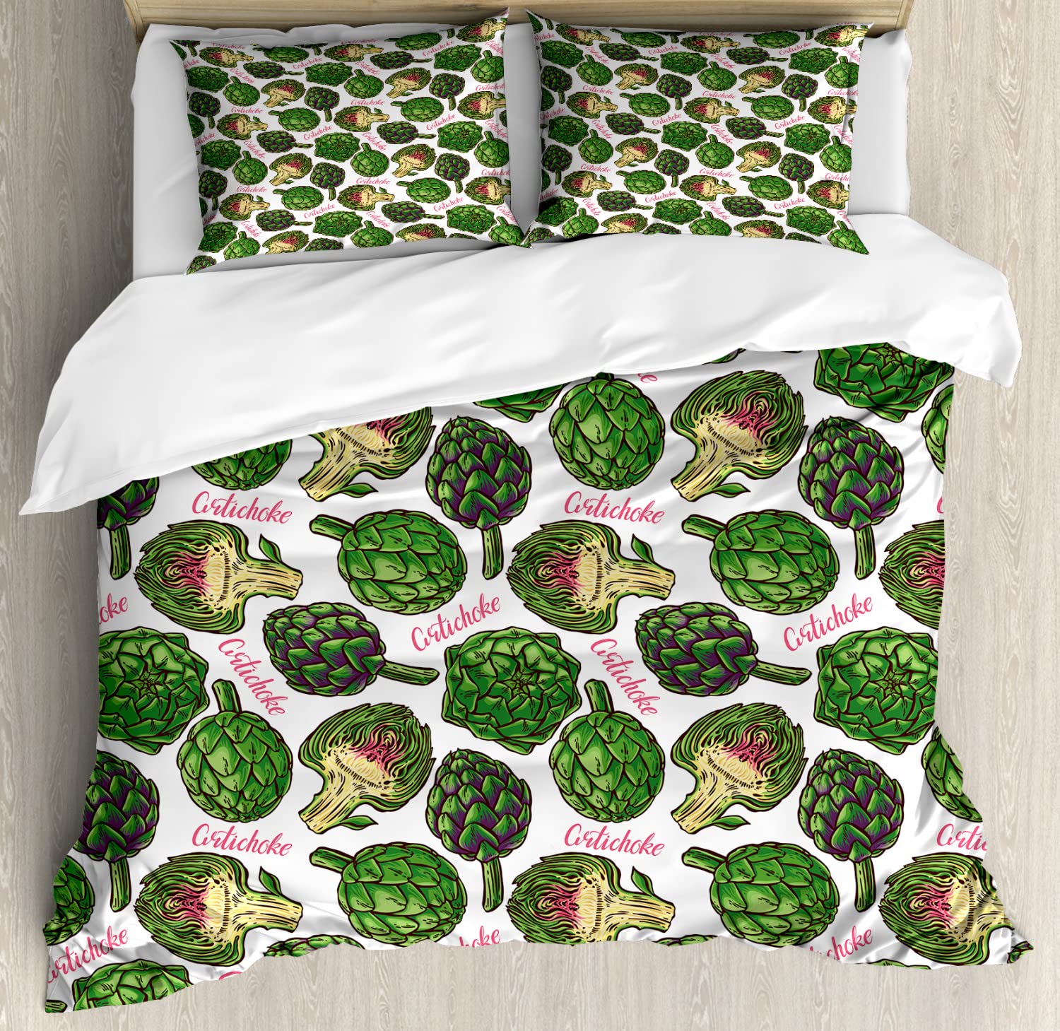 Ambesonne Artichoke Duvet Cover Set - Hand-Painted Superfood Design in Vibrant Hunter & Fern Green | 2-Piece King Size Bedding with 2 Pillowcases | Cooking-Inspired Art for Modern Bedrooms & Guest Rooms