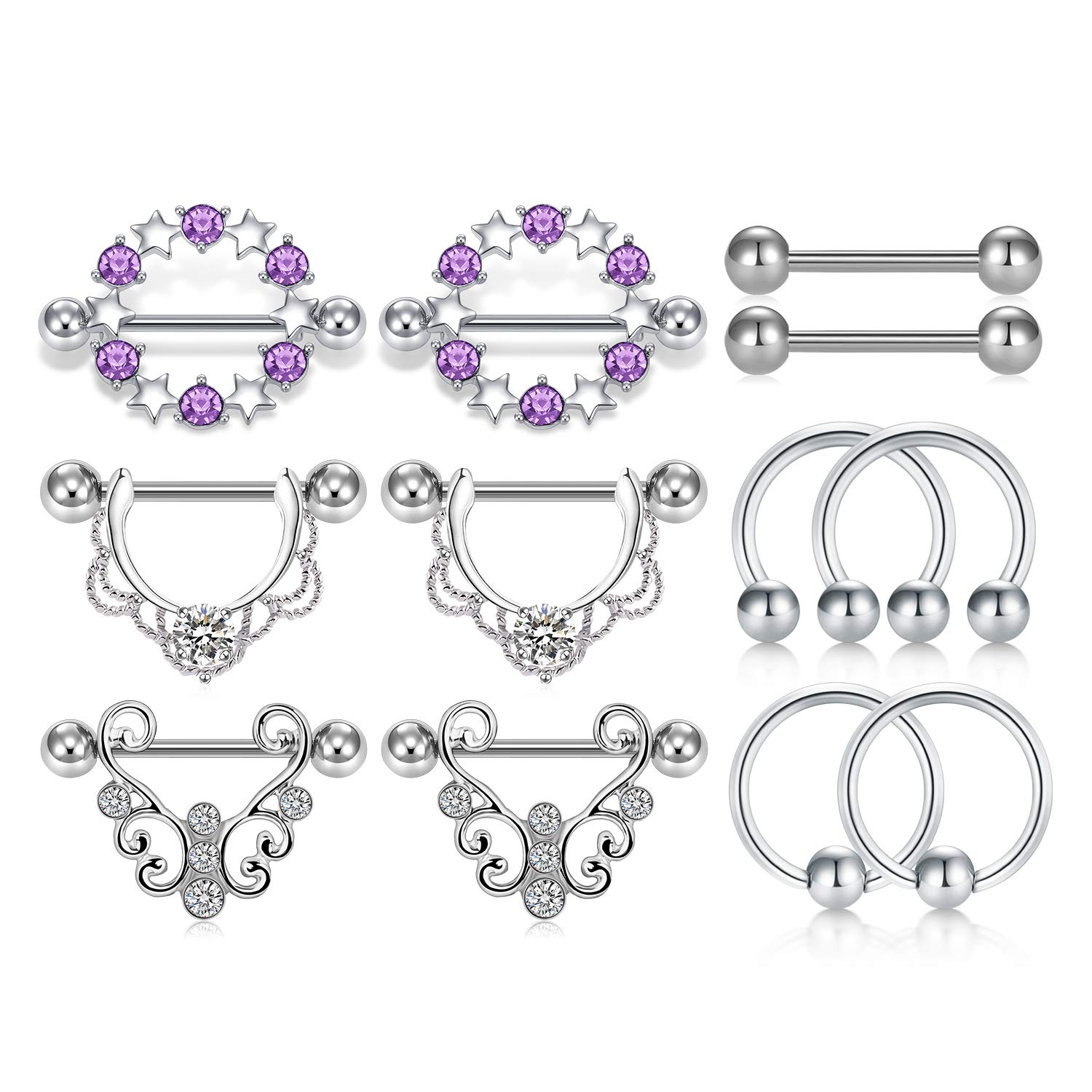 LAURITAMI 14G Surgical Steel Nipple Rings for Women - Straight Barbell Piercing Jewelry Set with CZ Stones - Perfect for Nipple & Tongue Piercings - Ideal for Everyday Wear, Night Out & Body Jewelry Collection