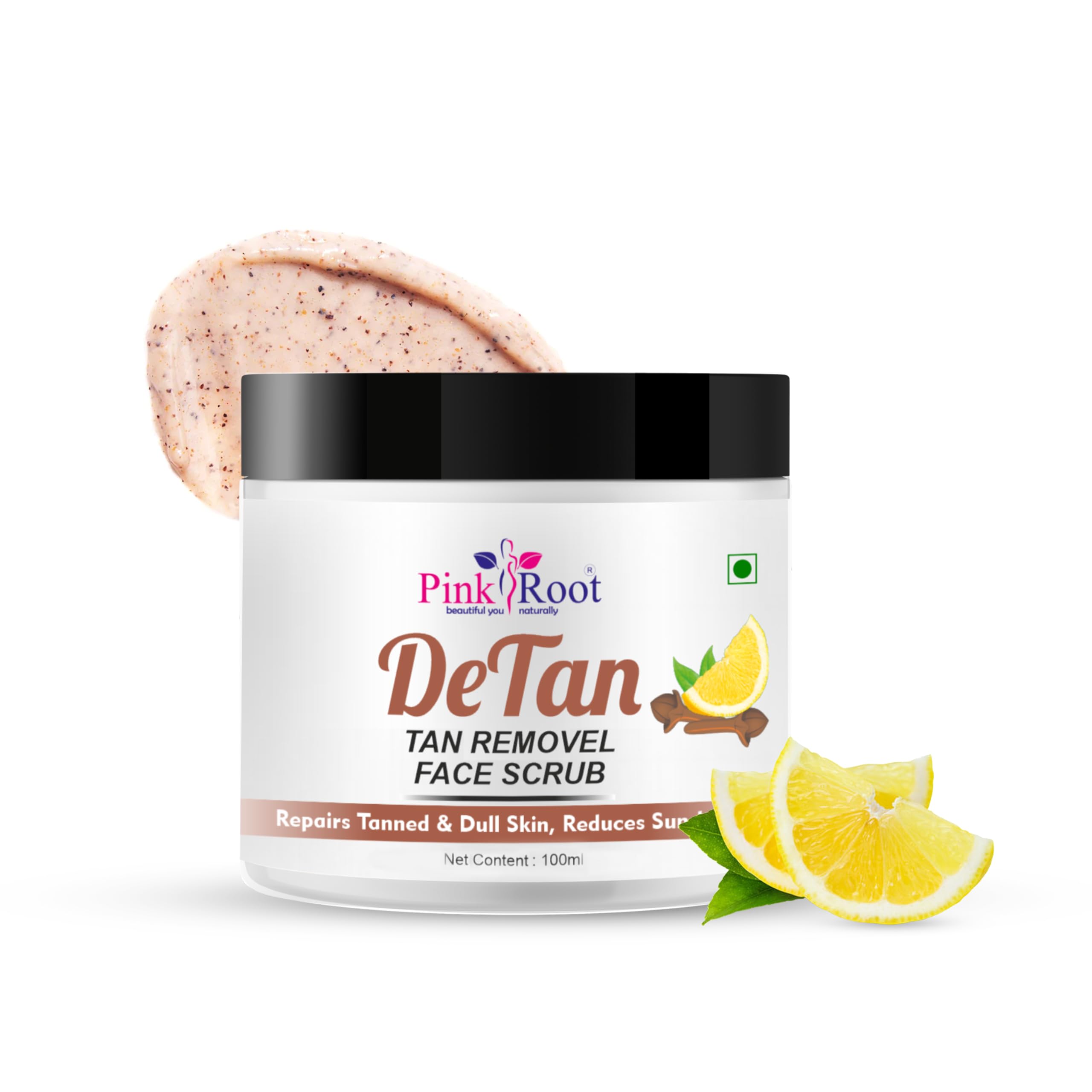 Pink Root Detan Face Scrub 100ml with Lemon Extract & Clove Oil - Tan Removal, Blackhead Cleanser for Smooth & Clean Skin | Daily Exfoliating Facial Scrub for Glowing Complexion