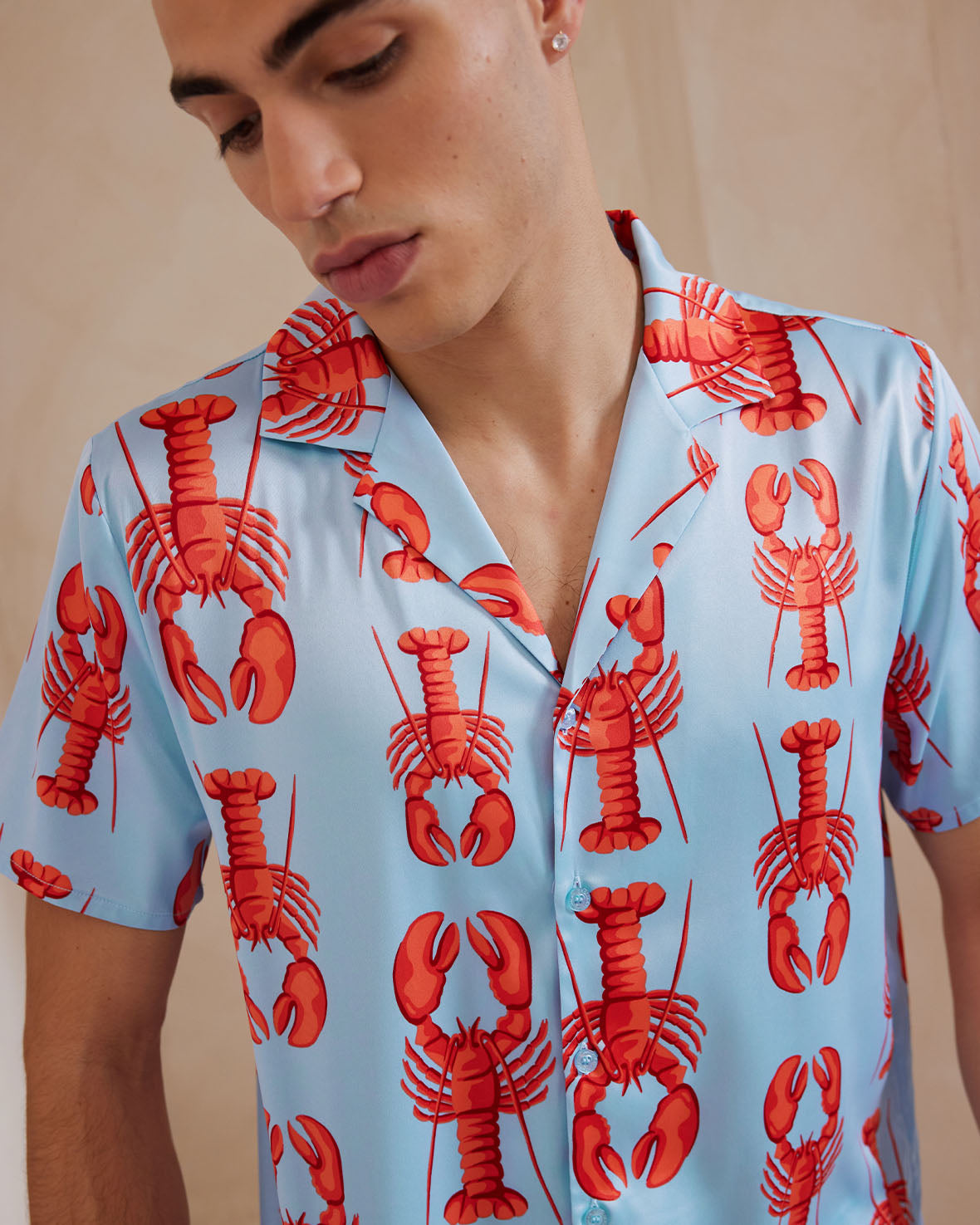 Satin Lobster Print Short Pajama Set for Women - Soft & Comfortable Sleepwear, Summer Nightwear, Loungewear - Perfect for Beach Vacations & Relaxing at Home