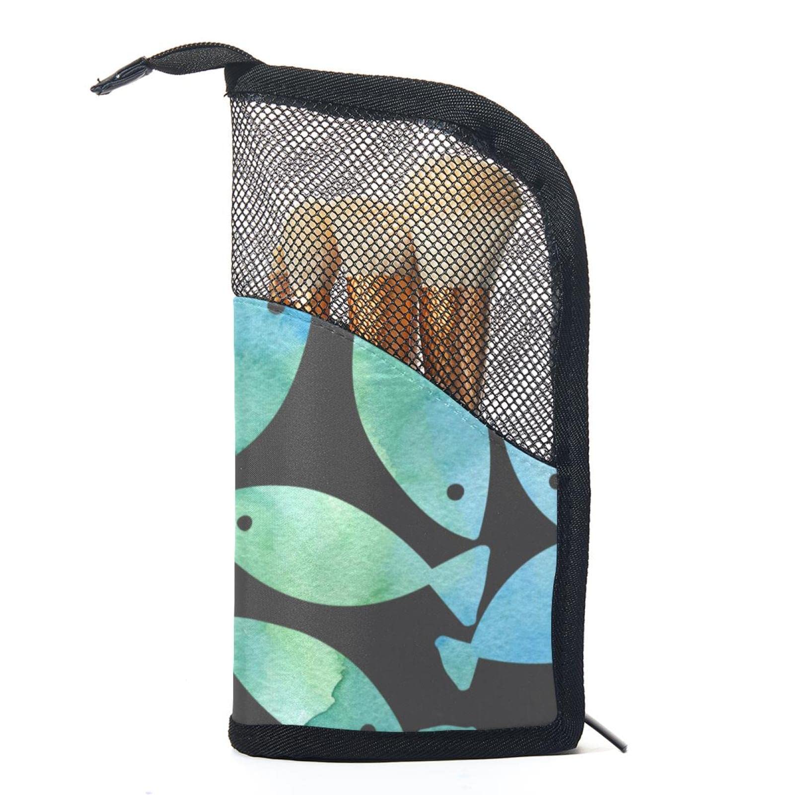 12-Piece Makeup Brush Organizer Bag Set - Green Fish Watercolor Design, Portable Cosmetic Brush Holder Case for Travel & Home Storage