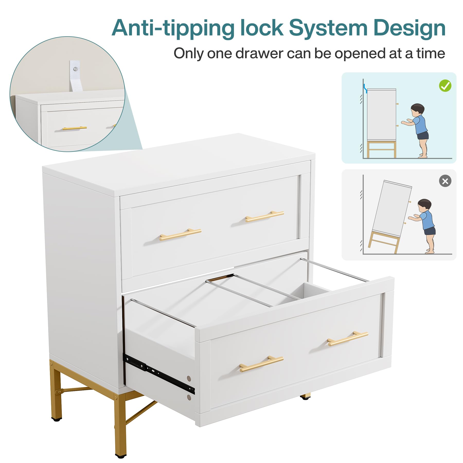 Tribesigns 2-Drawer White & Gold File Cabinet - Modern Lateral Filing Cabinet for Letter/Legal/A4 Documents - Wood Storage Cabinet with Printer Stand for Home & Office - Perfect for Organizing Files, Office Supplies & Workspace Essentials