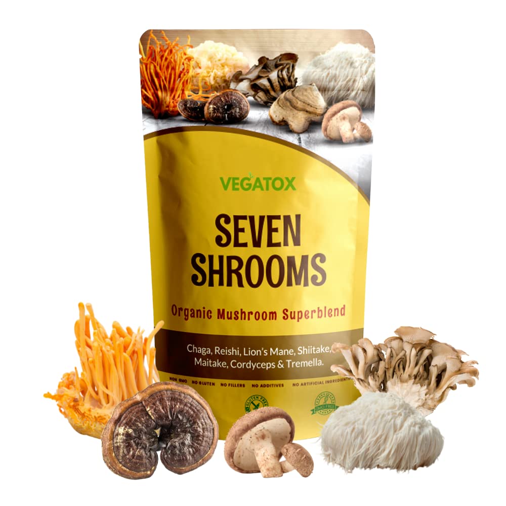 Organic Seven Mushroom Powder Blend - Chaga, Reishi, Lion's Mane, Cordyceps | 100% Pure Medicinal Mushroom Supplement | Vegan, Gluten-Free | Boost Immunity & Cognitive Function | 100g | Perfect for Smoothies, Coffee & Wellness Routines