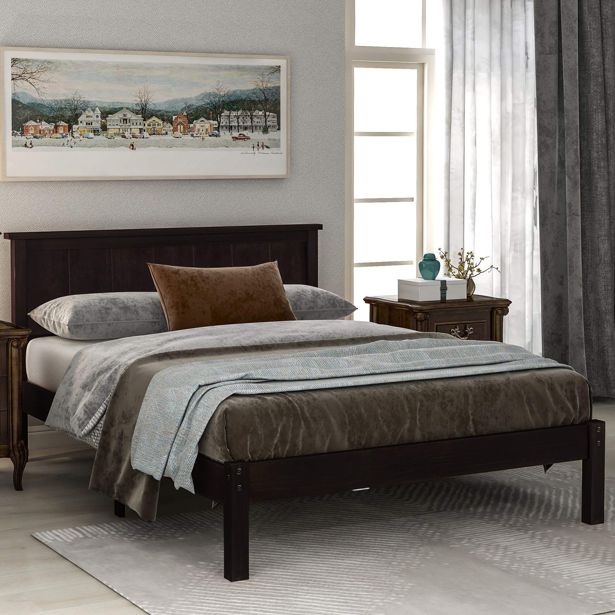 **Espresso Queen Wood Platform Bed Frame with Headboard - Sturdy Wood Slat Support, No Box Spring Needed - Perfect for Kids, Teens, Boys & Girls Bedrooms or Guest Rooms**