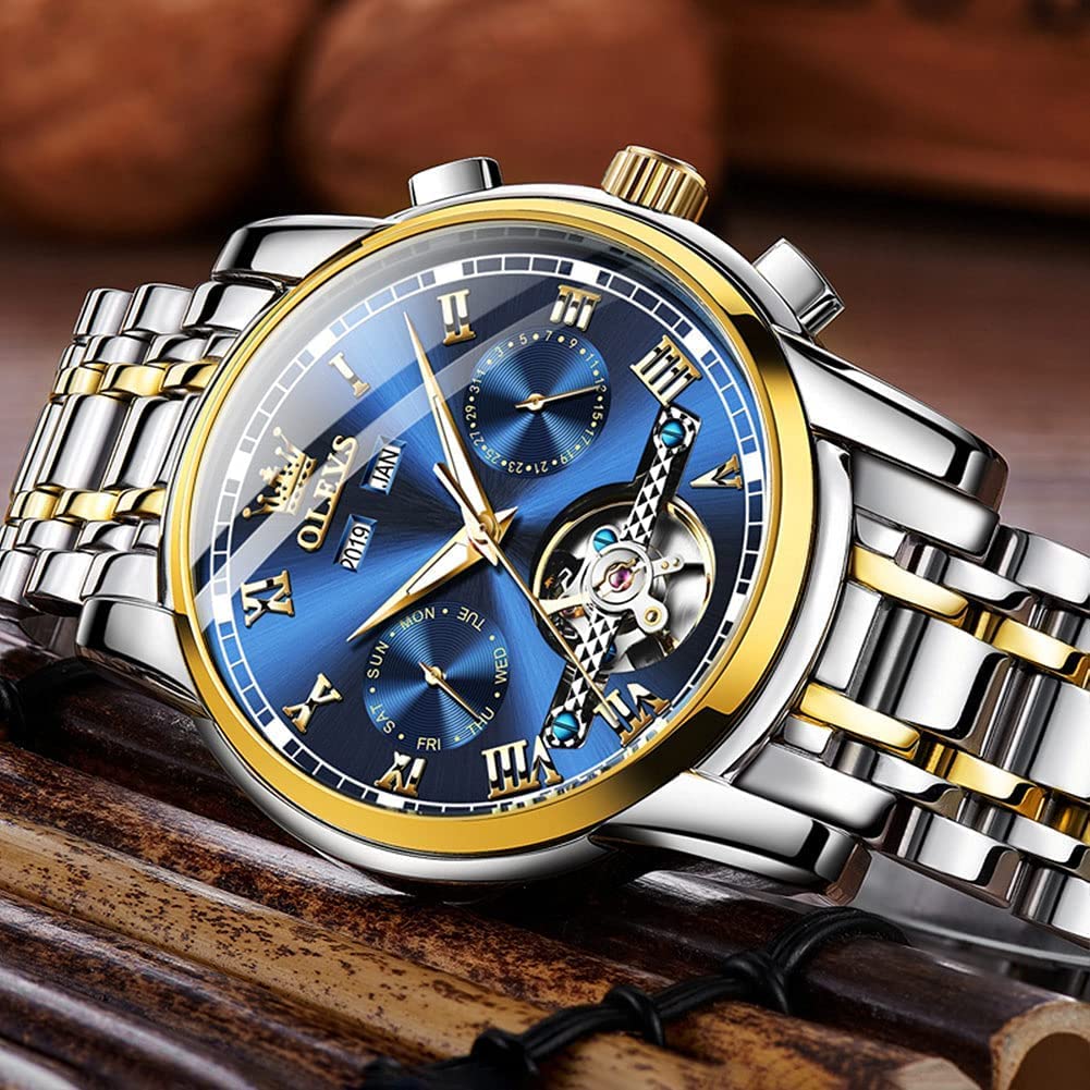 OLEVS Automatic Self-Winding Mechanical Watch for Men - Waterproof Stainless Steel Strap with Classic Tourbillon Design | Perfect for Business, Formal & Casual Wear
