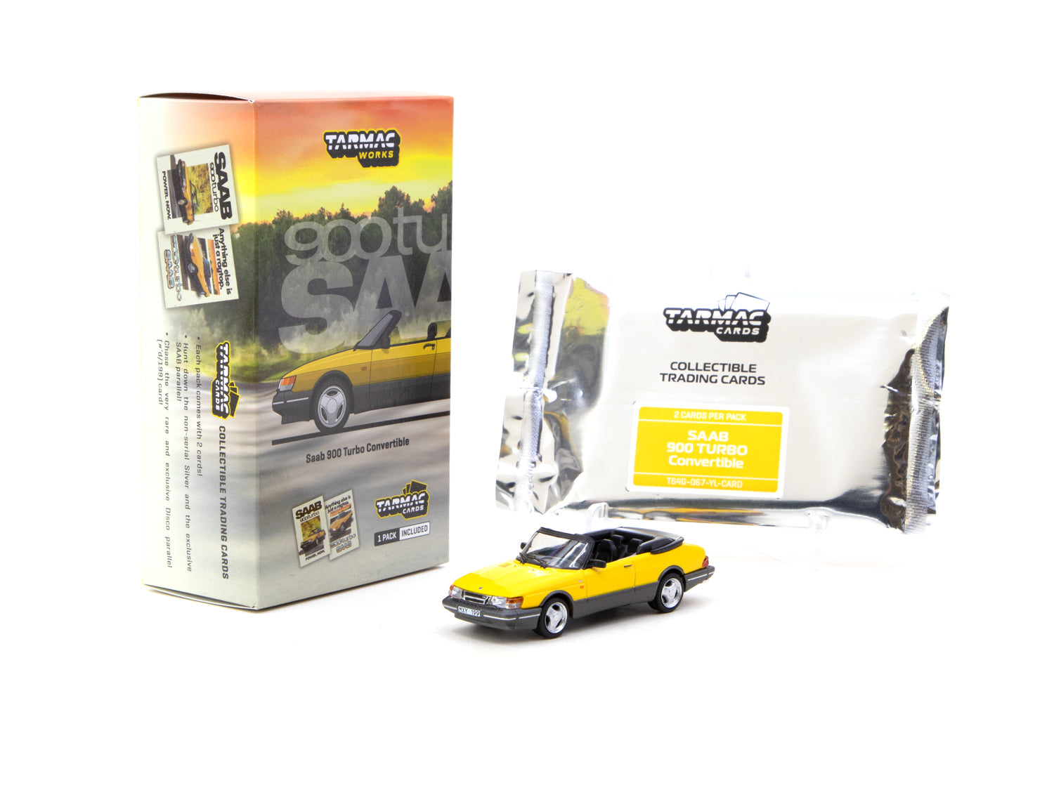 Tarmac Works 1/64 Scale Saab 900 Turbo Convertible Diecast Model Car - Yellow with Tarmac Cards Combo Set - Perfect for Collectors & Display - GLOBAL64