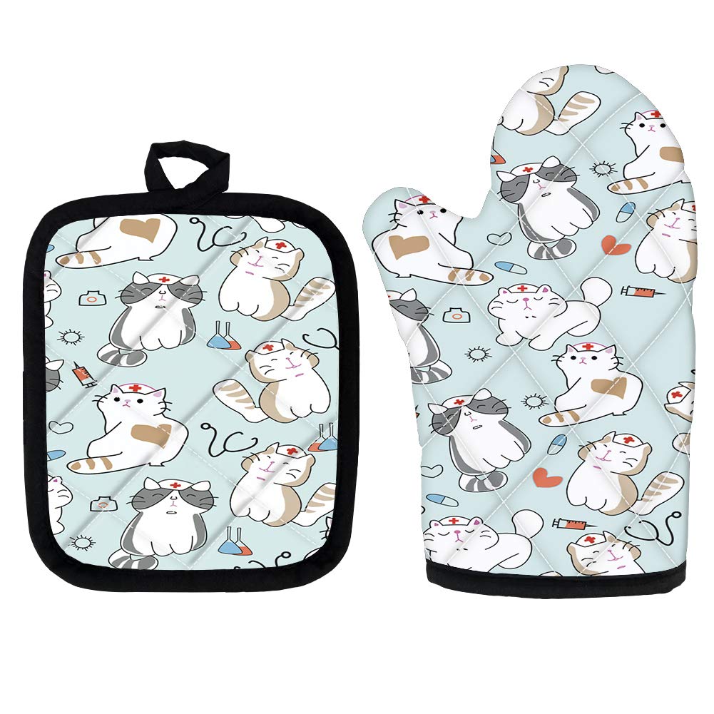 WELLFLYHOM Heat Resistant Oven Mitts & Pot Holders Set of 2 - Funny Cartoon Cat Design, Non-Slip BBQ Gloves for Safe Cooking, Baking, Grilling - Heavy Duty Kitchen Accessories for Home & Outdoor Use