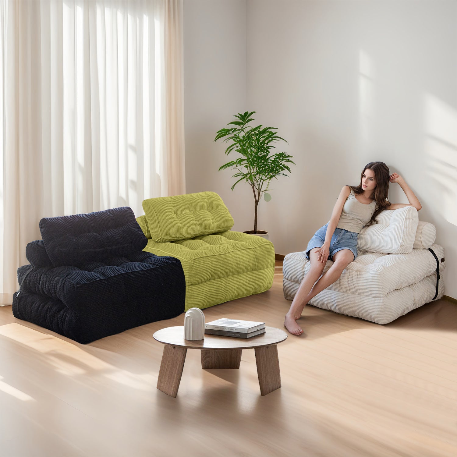 MAXYOYO Corduroy Folding Sofa Bed - Convertible Sleeper Chair with Pillow & Foldable Mattress, Back Support for Living Room, Guest Room & Small Spaces (Green) | Perfect for Apartments, Dorms & Home Offices
