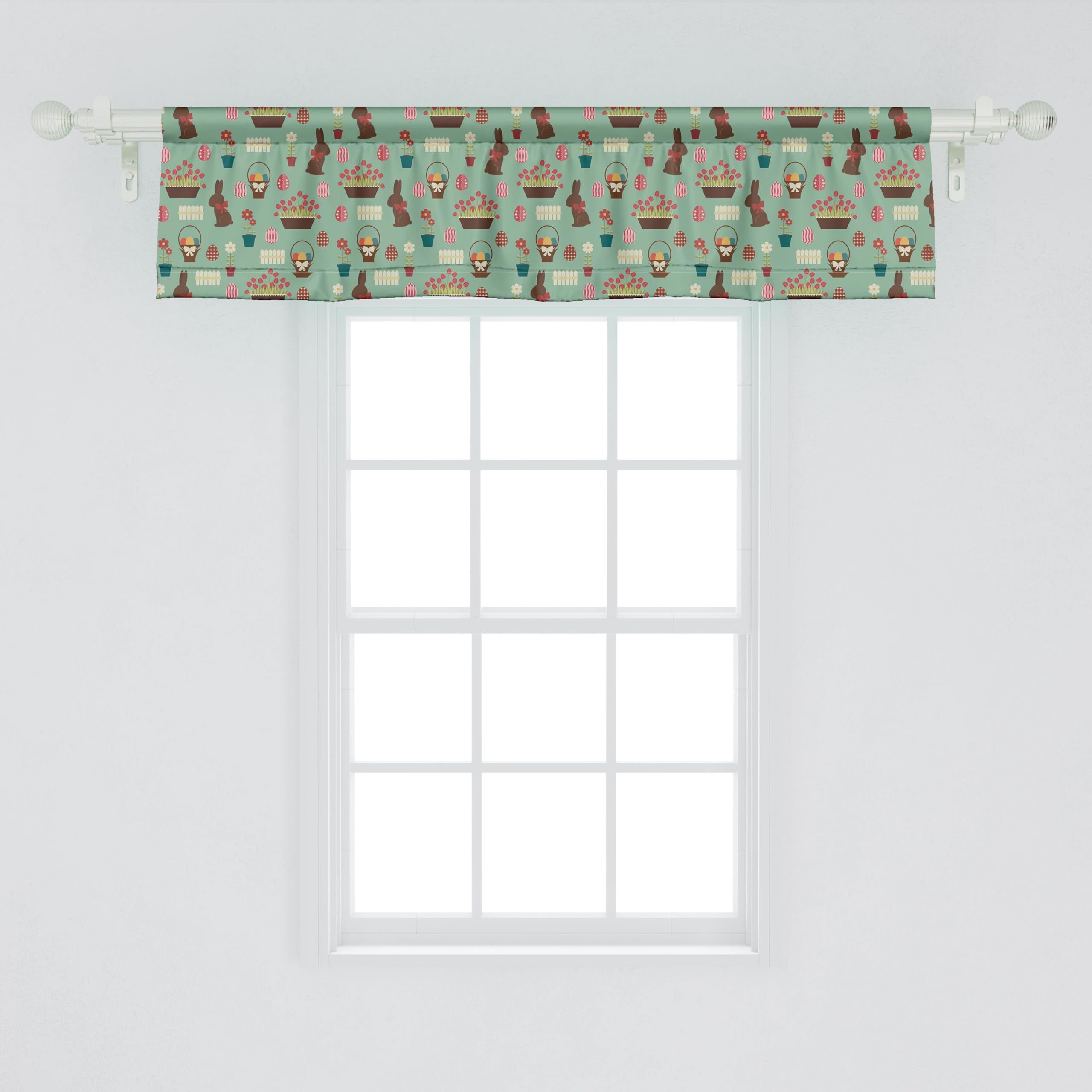 Ambesonne Easter Window Valance Set of 2 - Chocolate Bunny Floral Pattern with Eggs & Tulips - 54