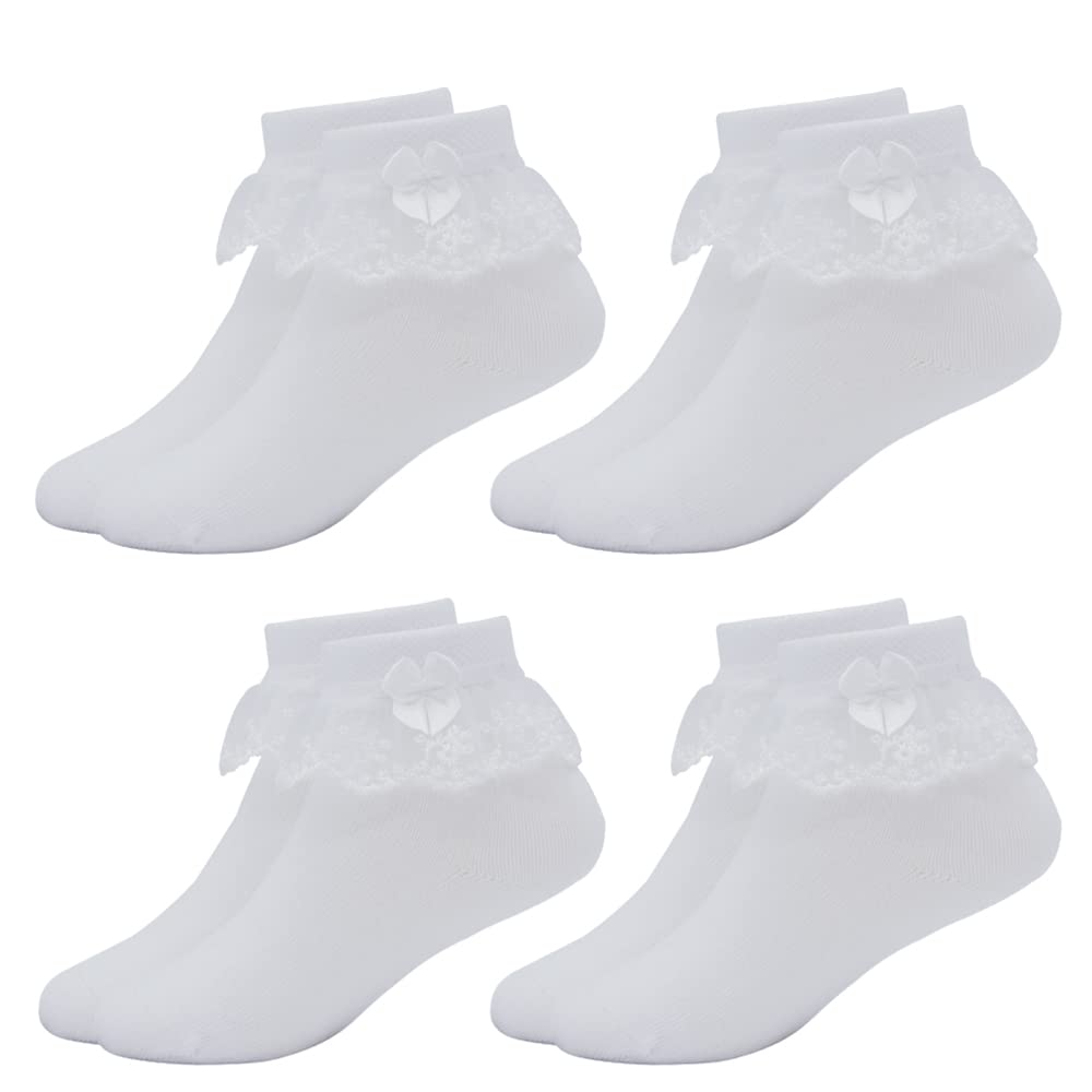 Girls Ruffle Ankle Socks - White Cotton School Socks with Lace Trim & Bows for Kids Ages 3-16 | Cute Everyday Wear for School, Parties & Special Occasions