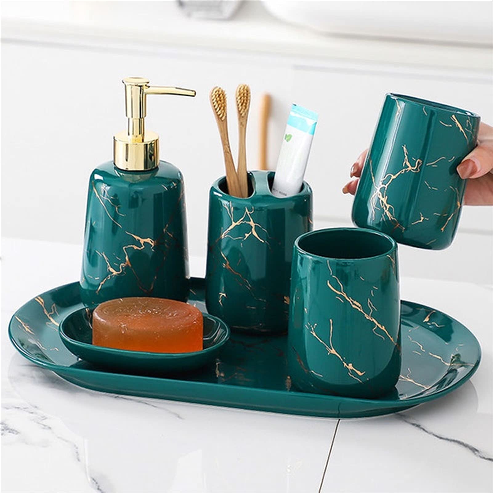 6-Piece Ceramic Refillable Liquid Hand Soap Dispenser Set - Bathroom Accessories for Home, Hotel & Restroom (Includes Soap Dispenser, Toothbrush Holder, Tumbler, Soap Dish & Tray) - Perfect for Modern Bathrooms & Guest Washrooms